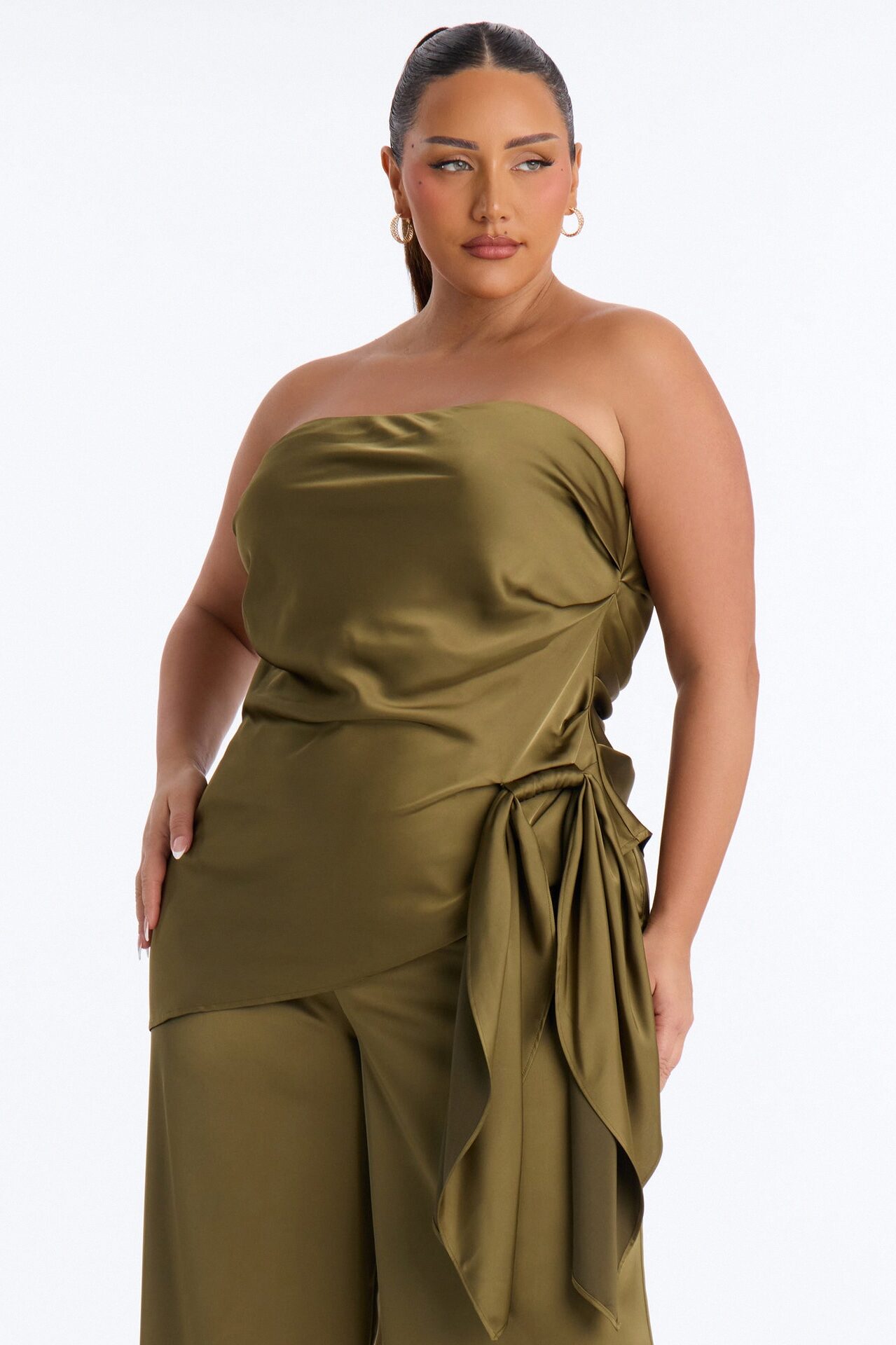 Effortless Strapless Satin Pant Set - Olive