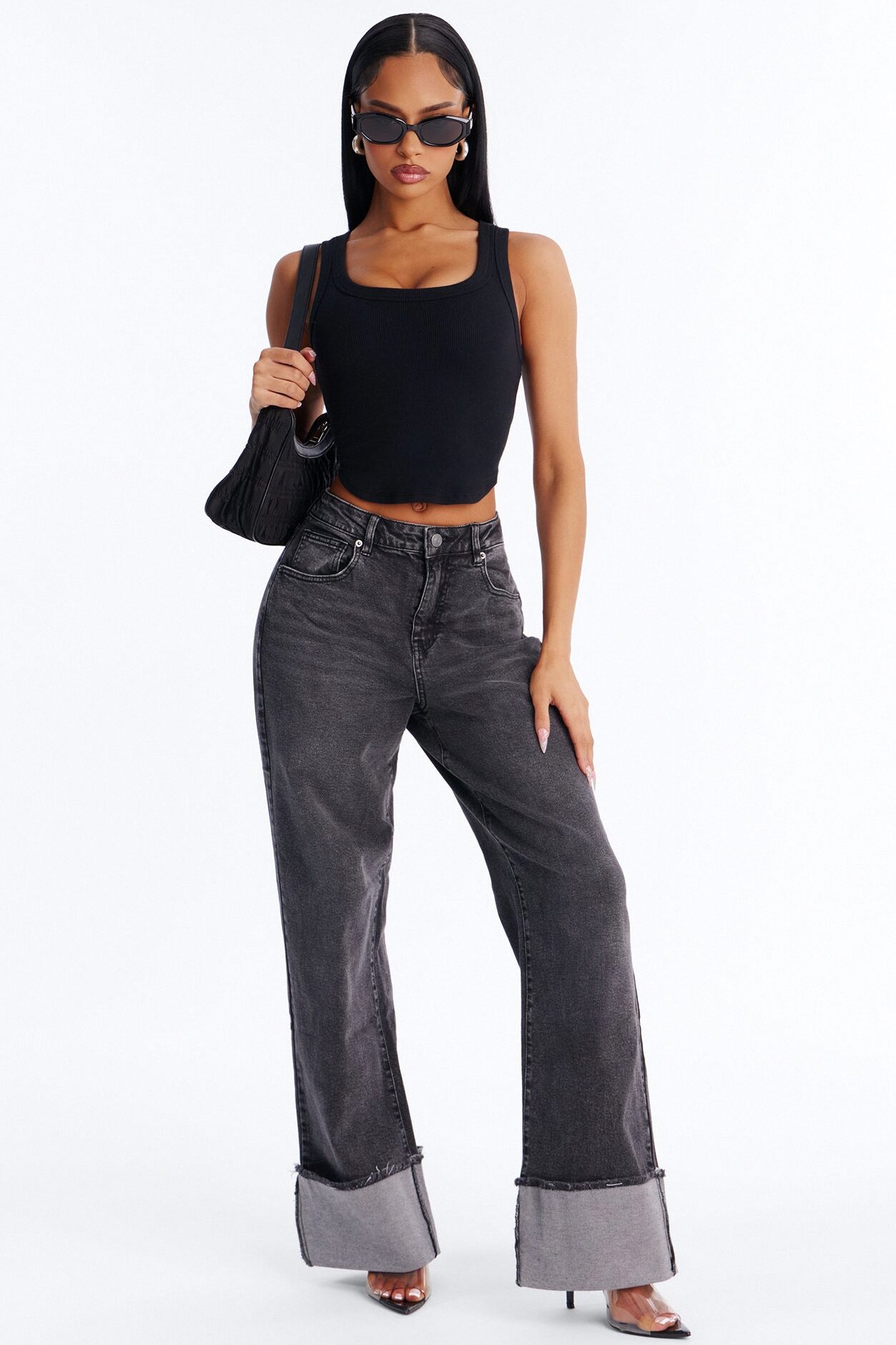 Haily Rib Square Neck Tank Top - Black