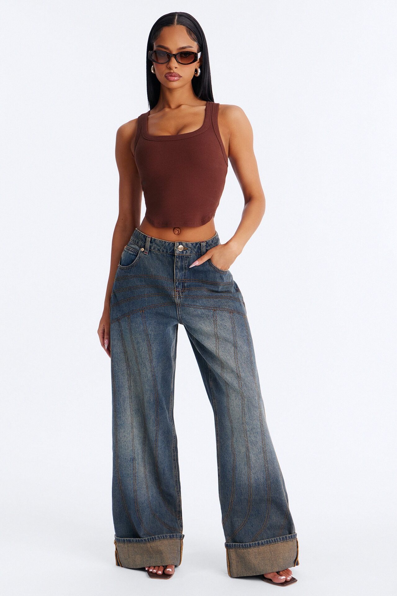 Haily Rib Square Neck Tank Top - Brown