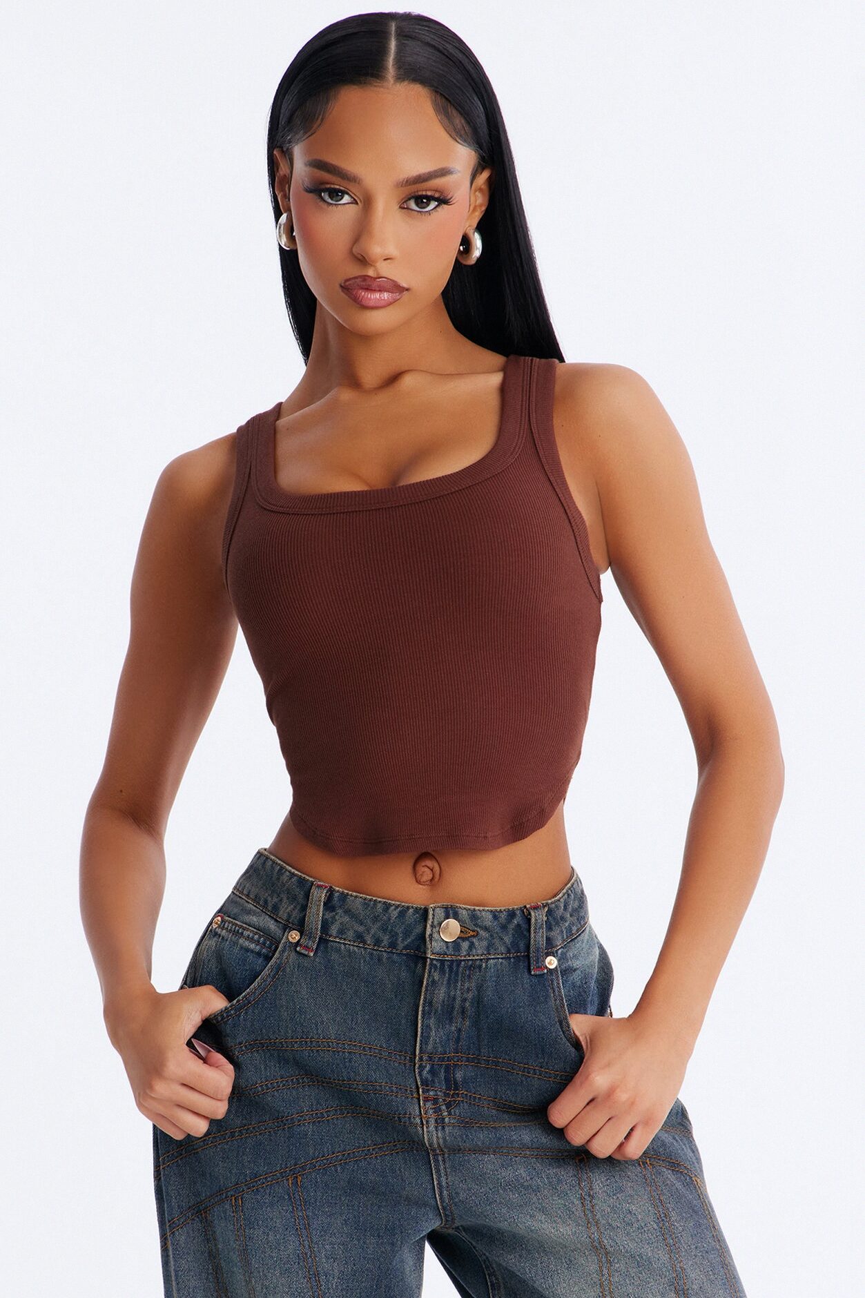 Haily Rib Square Neck Tank Top - Brown