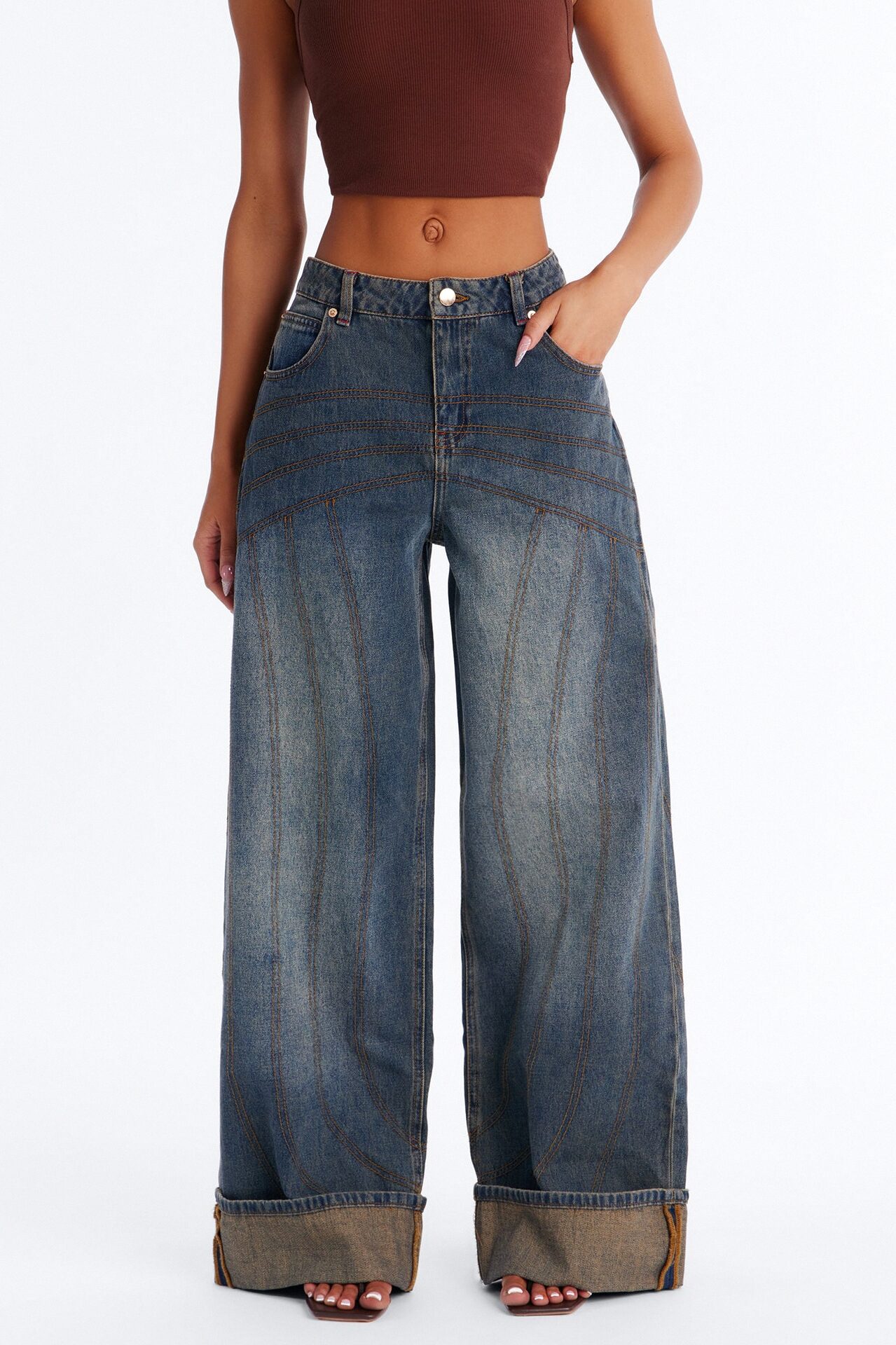 Never Basic Cuffed Wide Leg Jeans - Vintage Wash