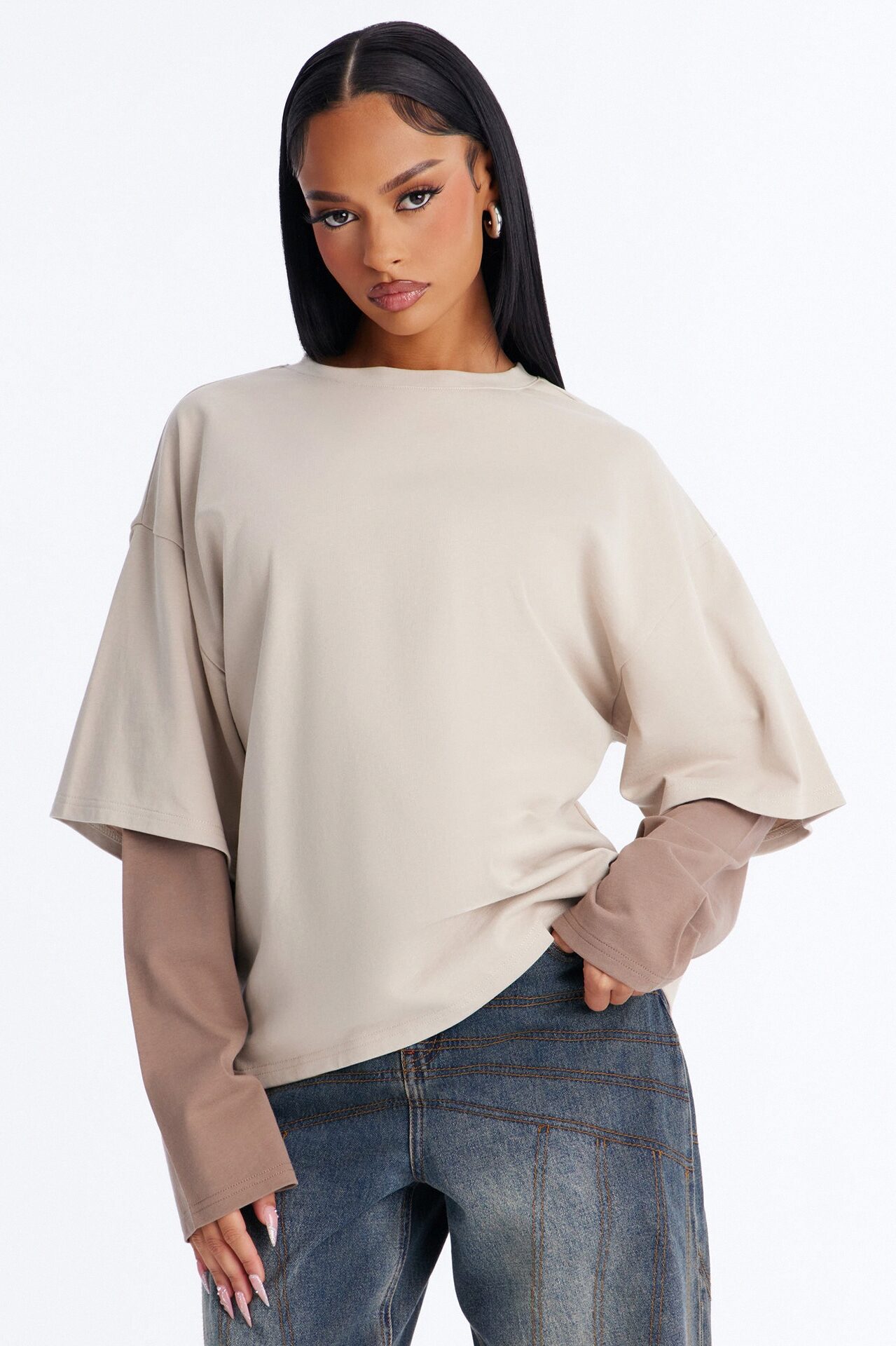 Justine Layered Long Sleeve T-Shirt - Stone/Combo