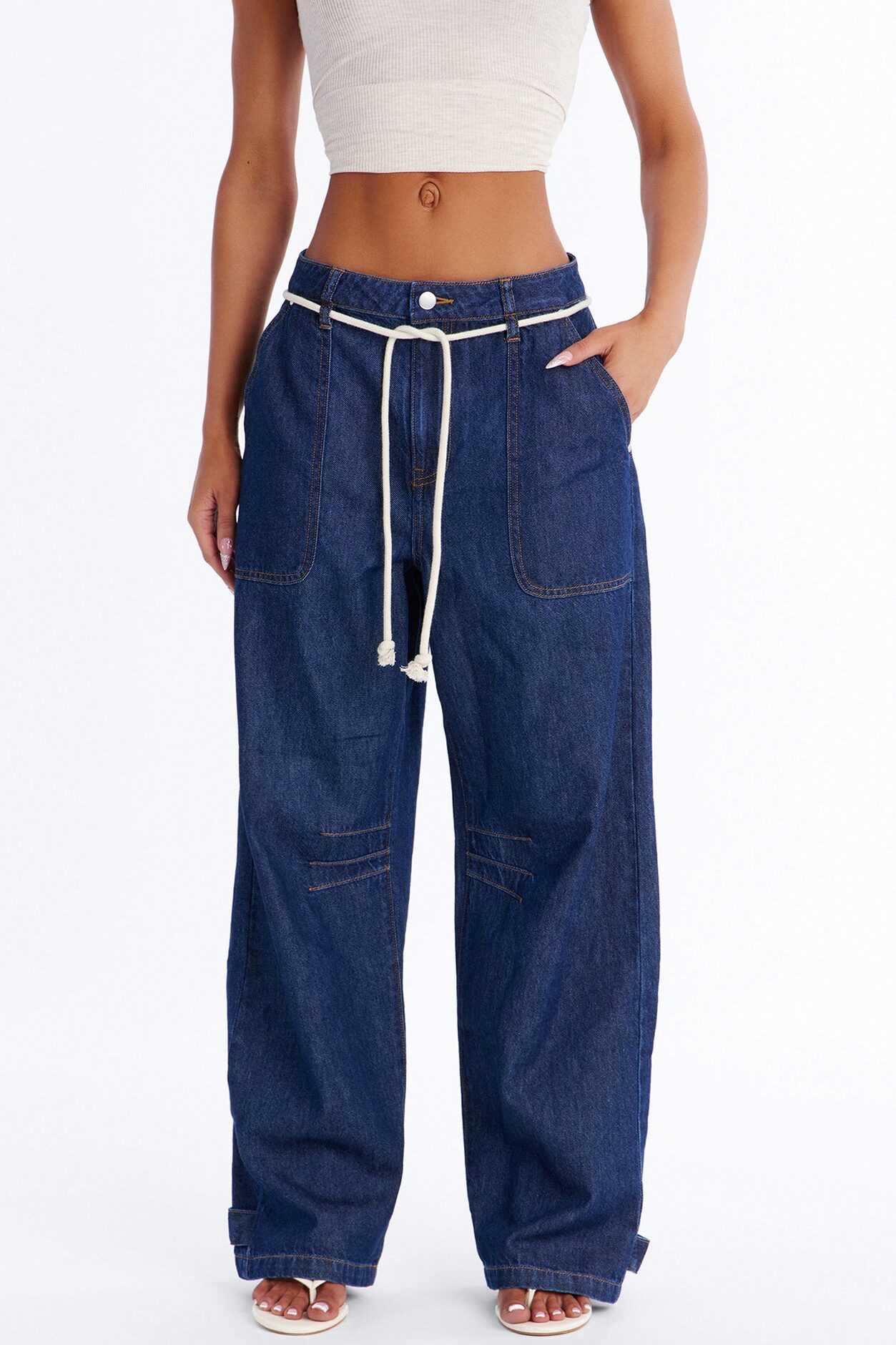 Nonchalant Drapey Tie Waist Jeans - Dark Denim