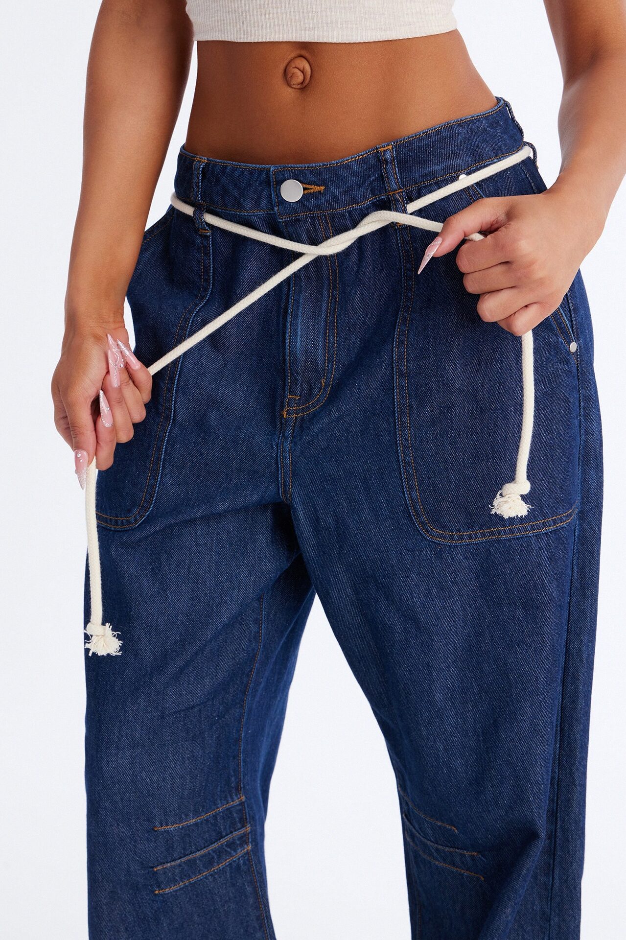 Nonchalant Drapey Tie Waist Jeans - Dark Denim