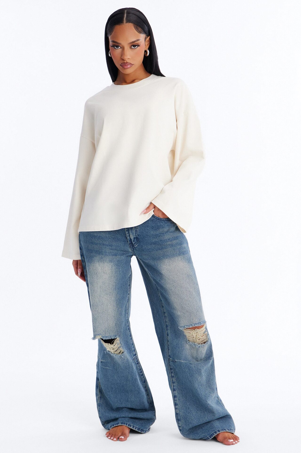 Arissa Crew Neck Long Sleeve Oversized T-Shirt - Cream