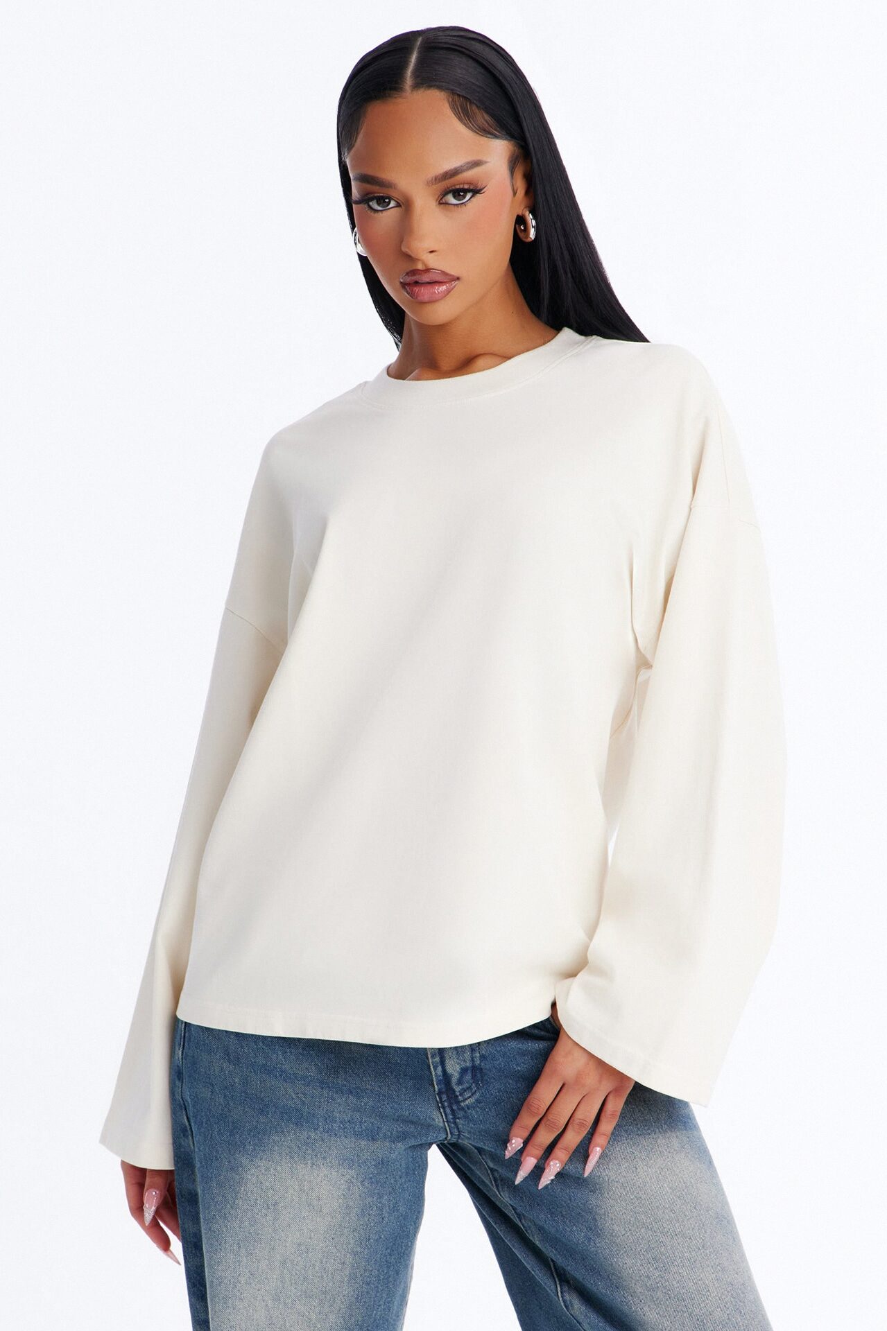 Arissa Crew Neck Long Sleeve Oversized T-Shirt - Cream