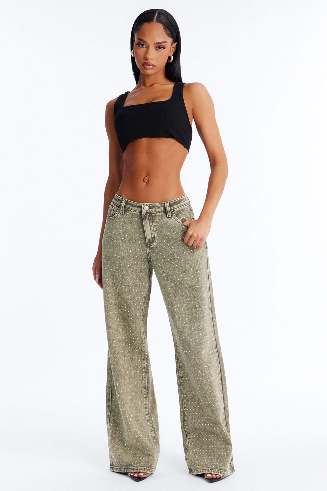 Dazzling Days Low Rise Washed Embellished Pant - Olive