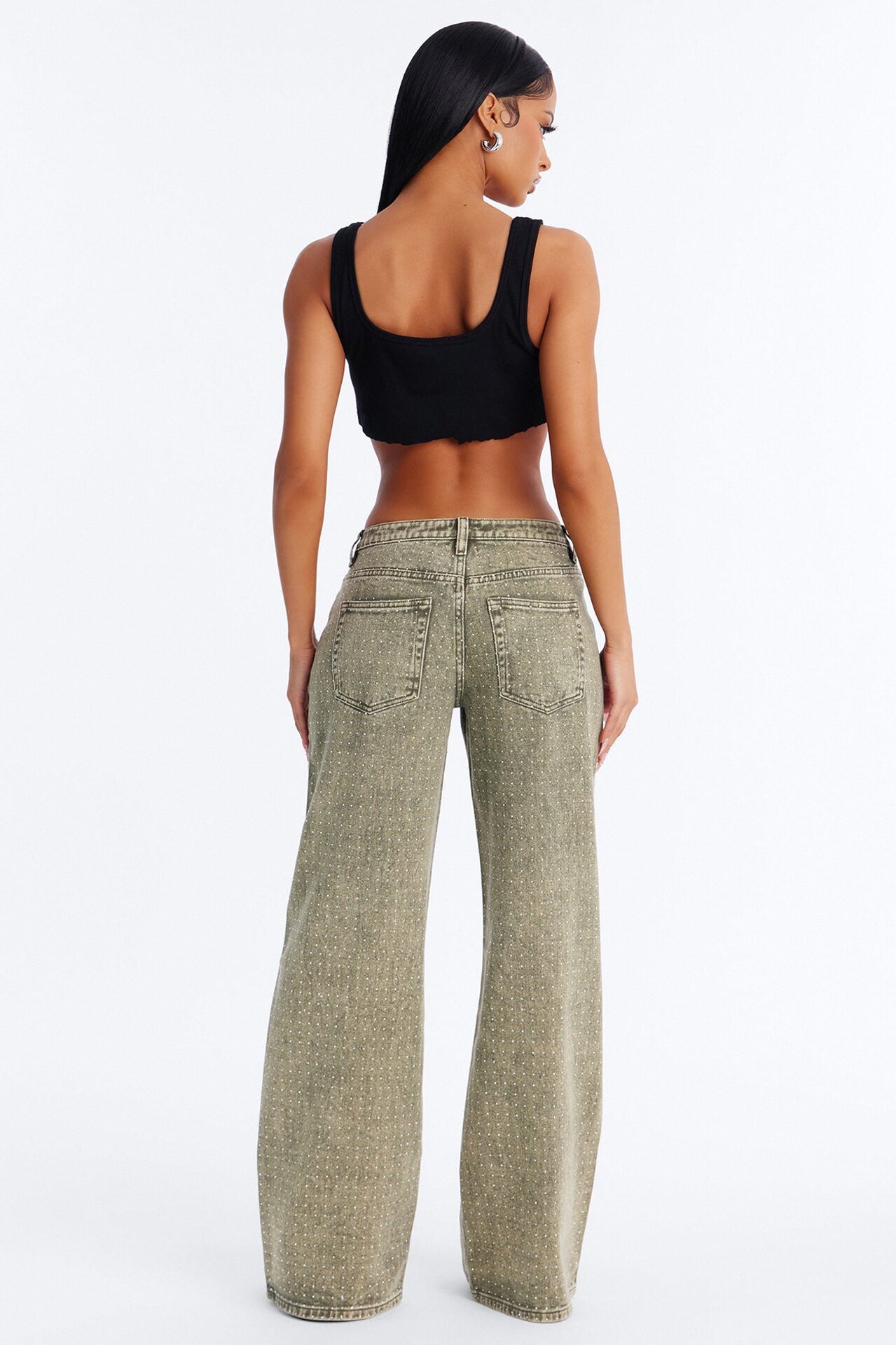 Dazzling Days Low Rise Washed Embellished Pant - Olive