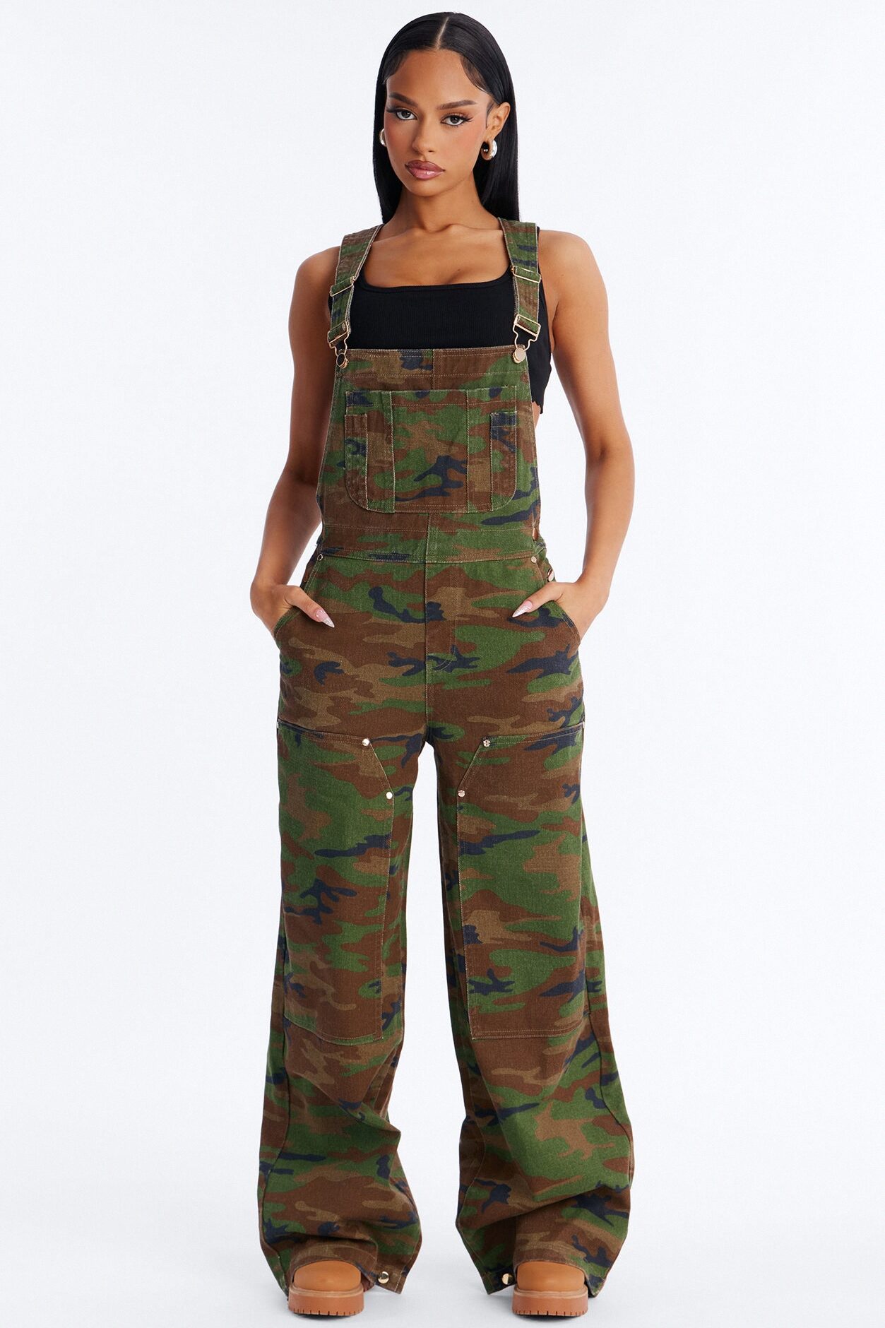 Hidden Secrets Camo Printed Utility Denim Overalls - Camouflage