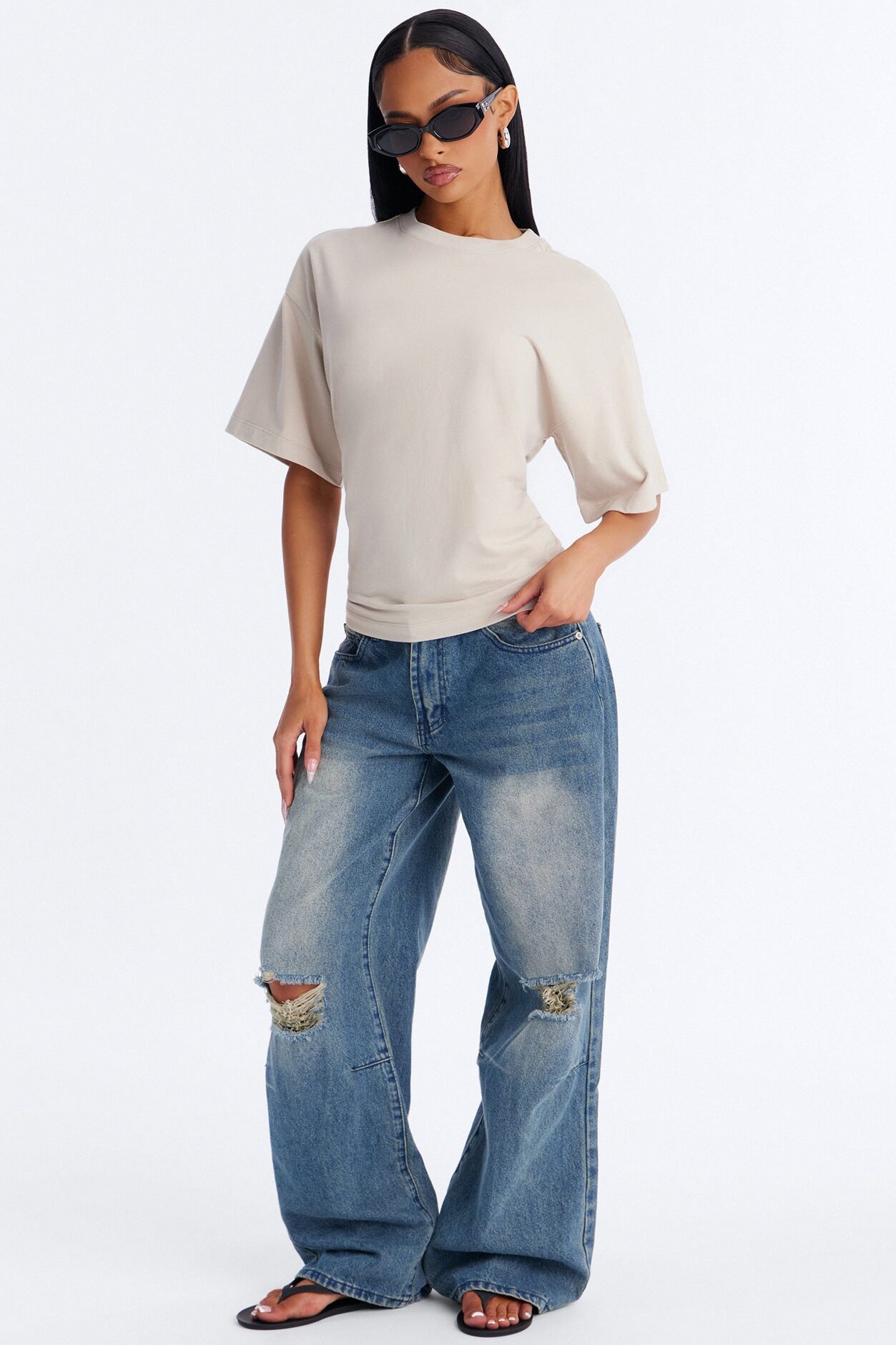 Nora Crew Neck Ruched Short Sleeve T-Shirt - Stone