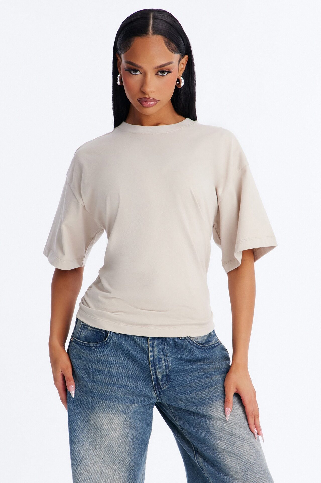 Nora Crew Neck Ruched Short Sleeve T-Shirt - Stone
