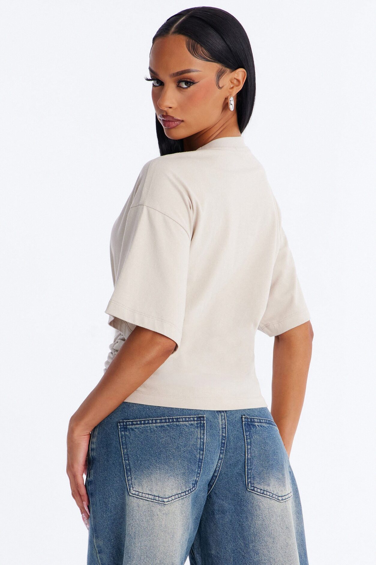 Nora Crew Neck Ruched Short Sleeve T-Shirt - Stone