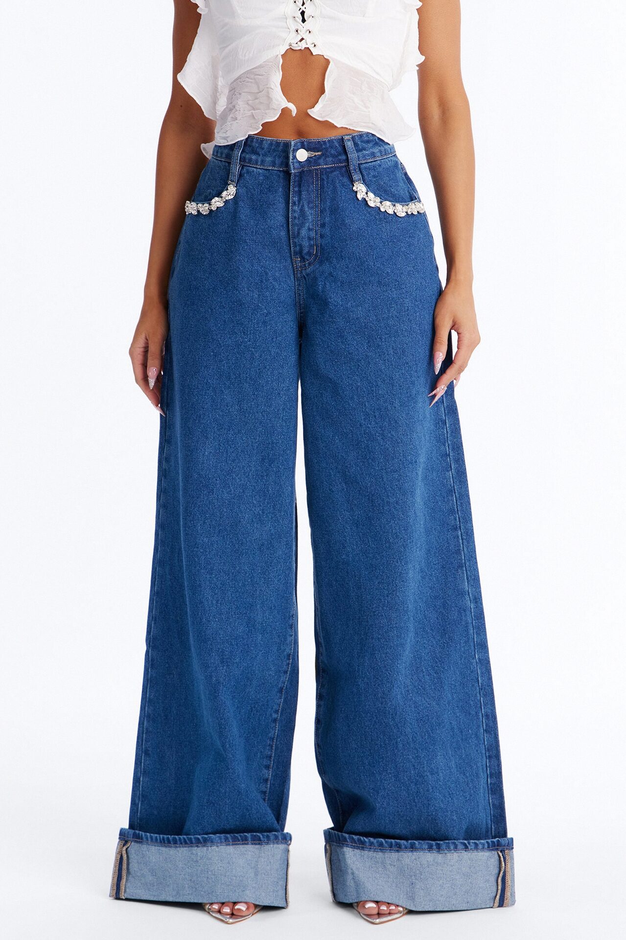 Stone Cold Embellished Cuffed Jeans - Dark Wash
