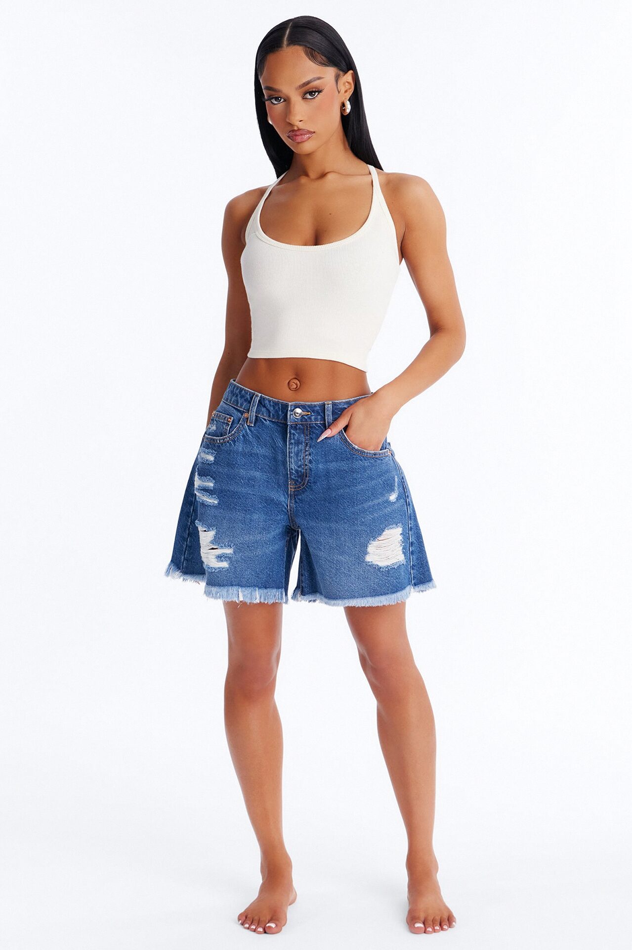 No Signal Ripped Denim Shorts - Medium Wash