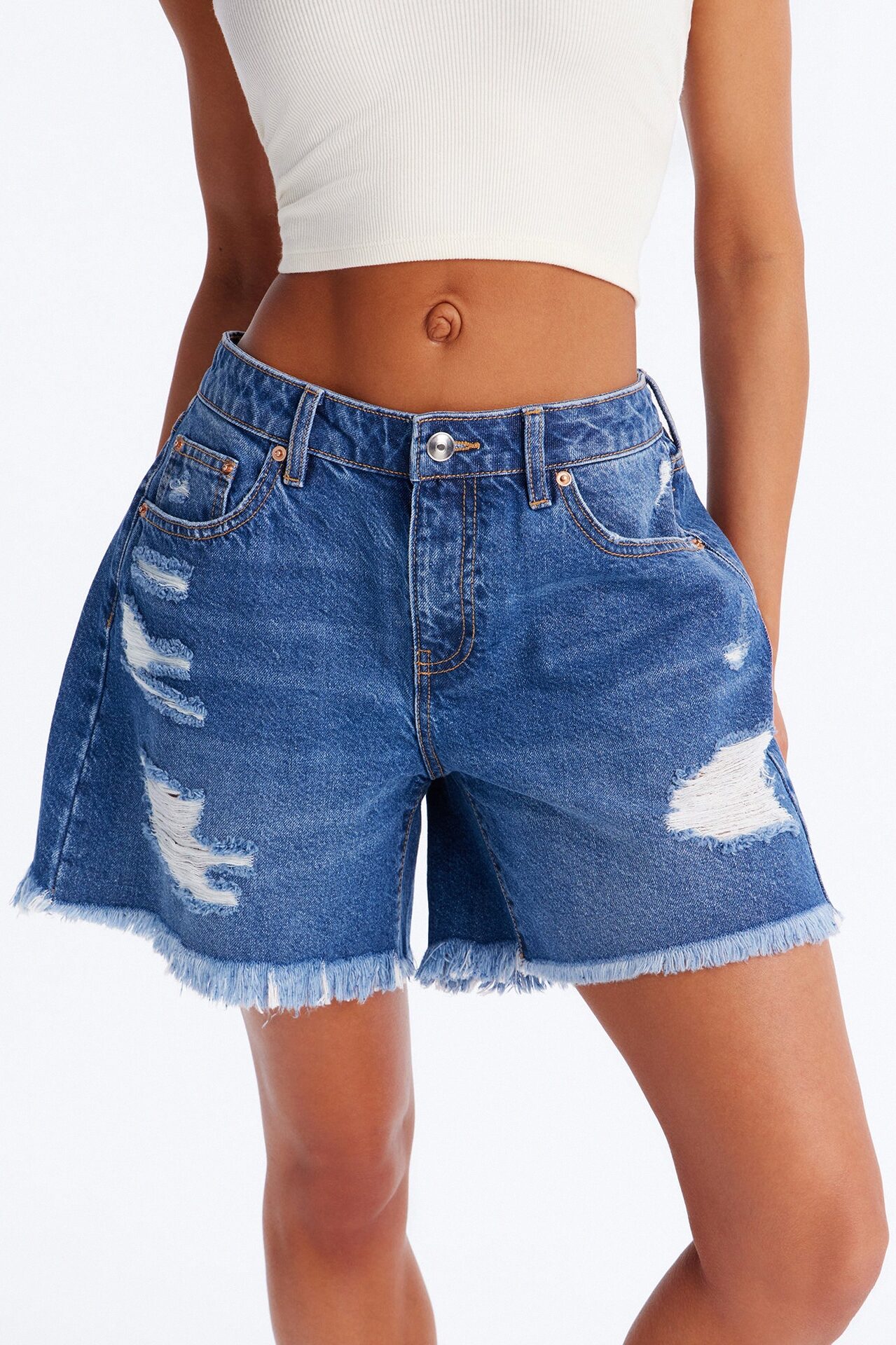 No Signal Ripped Denim Shorts - Medium Wash