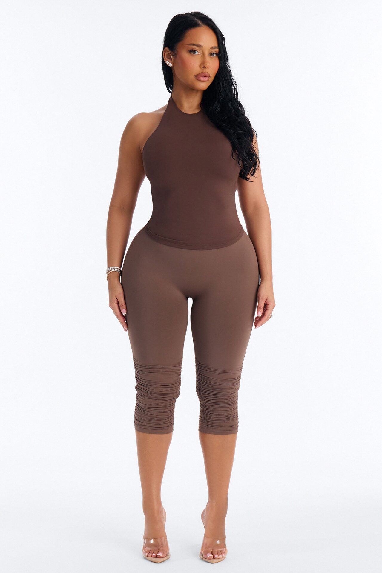 Second Skin Bra Pad Sleeveless Halter Top - Brown