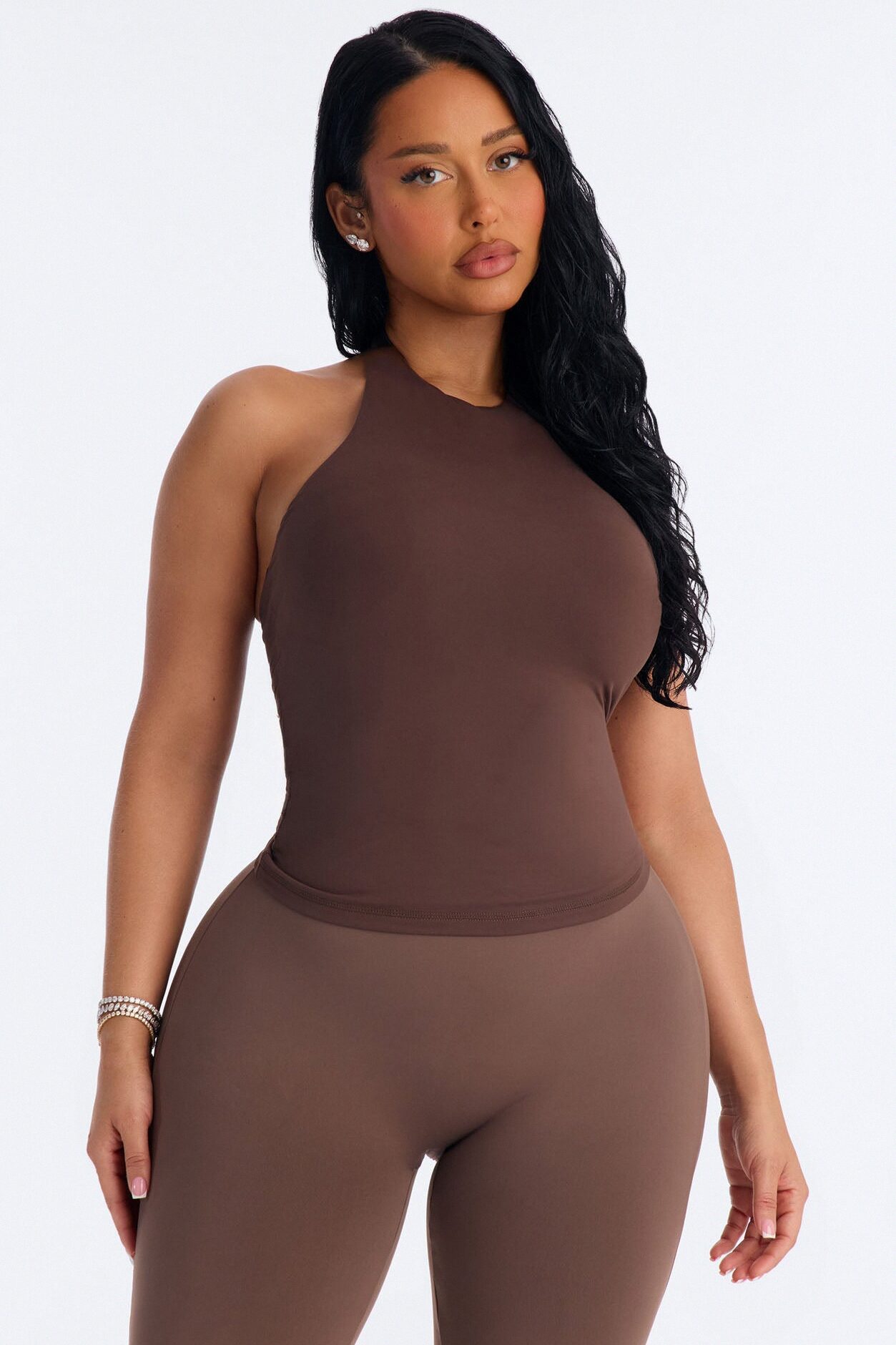 Second Skin Bra Pad Sleeveless Halter Top - Brown