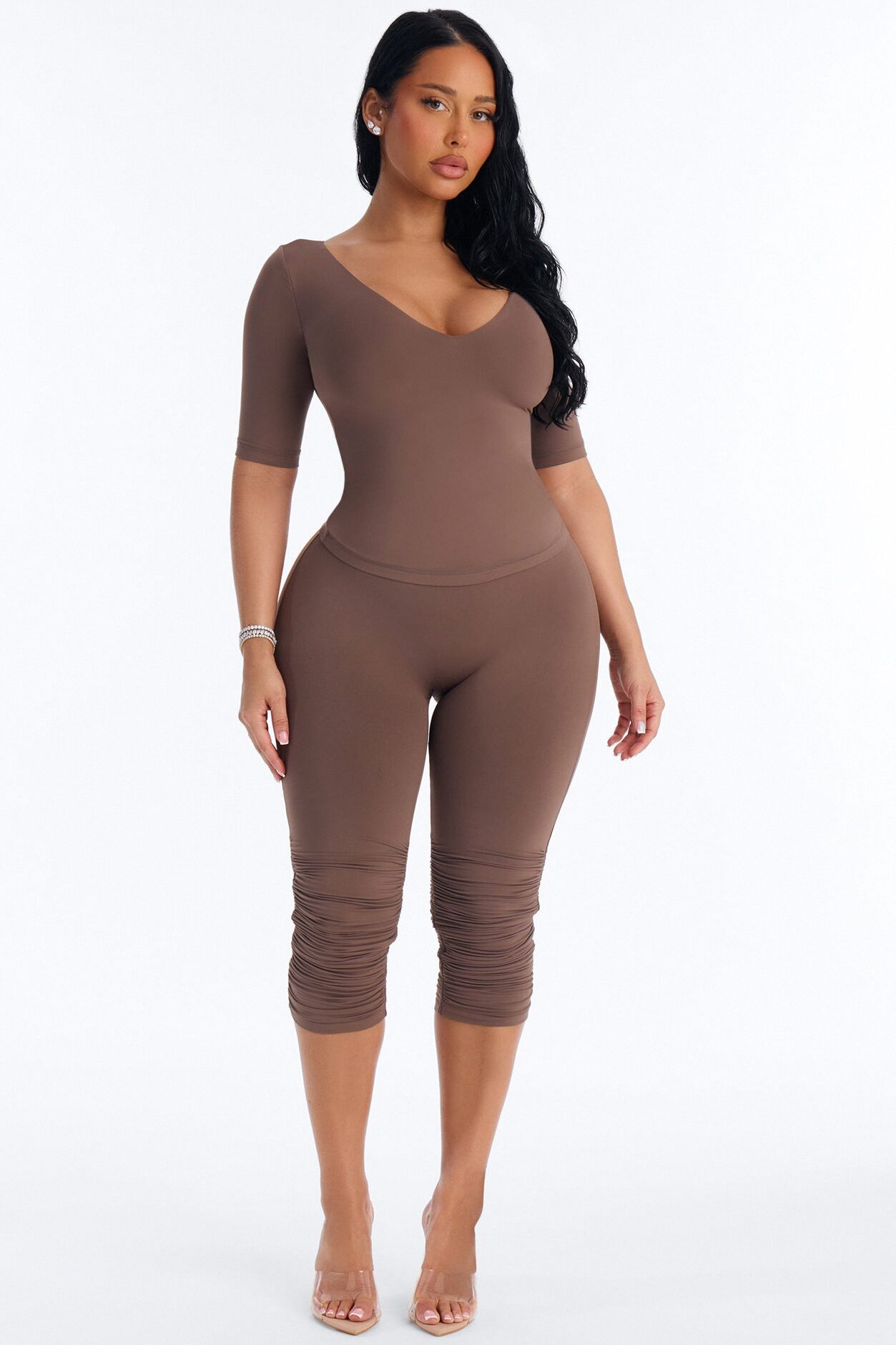 Second Skin Deep U Neck Elbow Sleeve Top - Brown