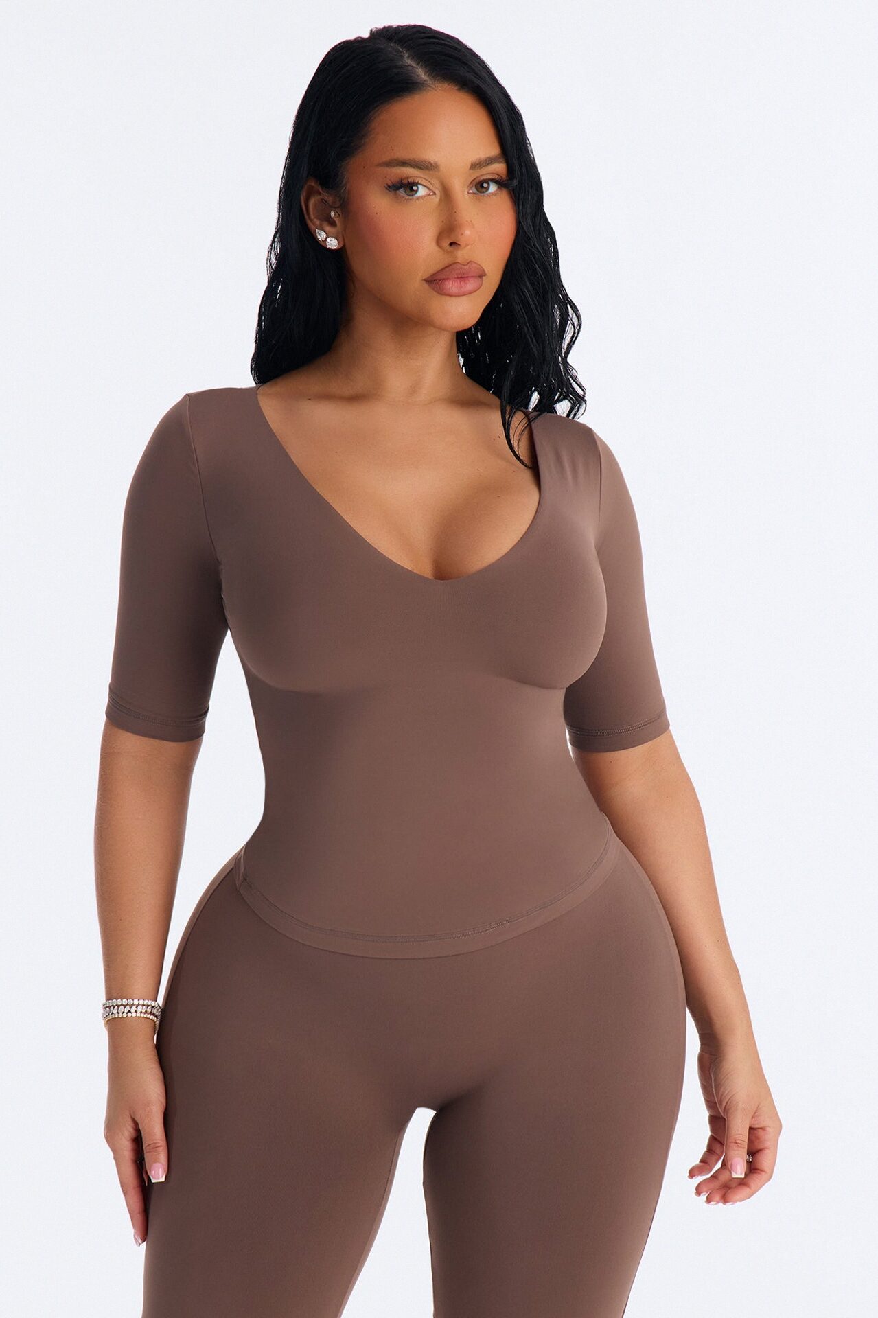 Second Skin Deep U Neck Elbow Sleeve Top - Brown