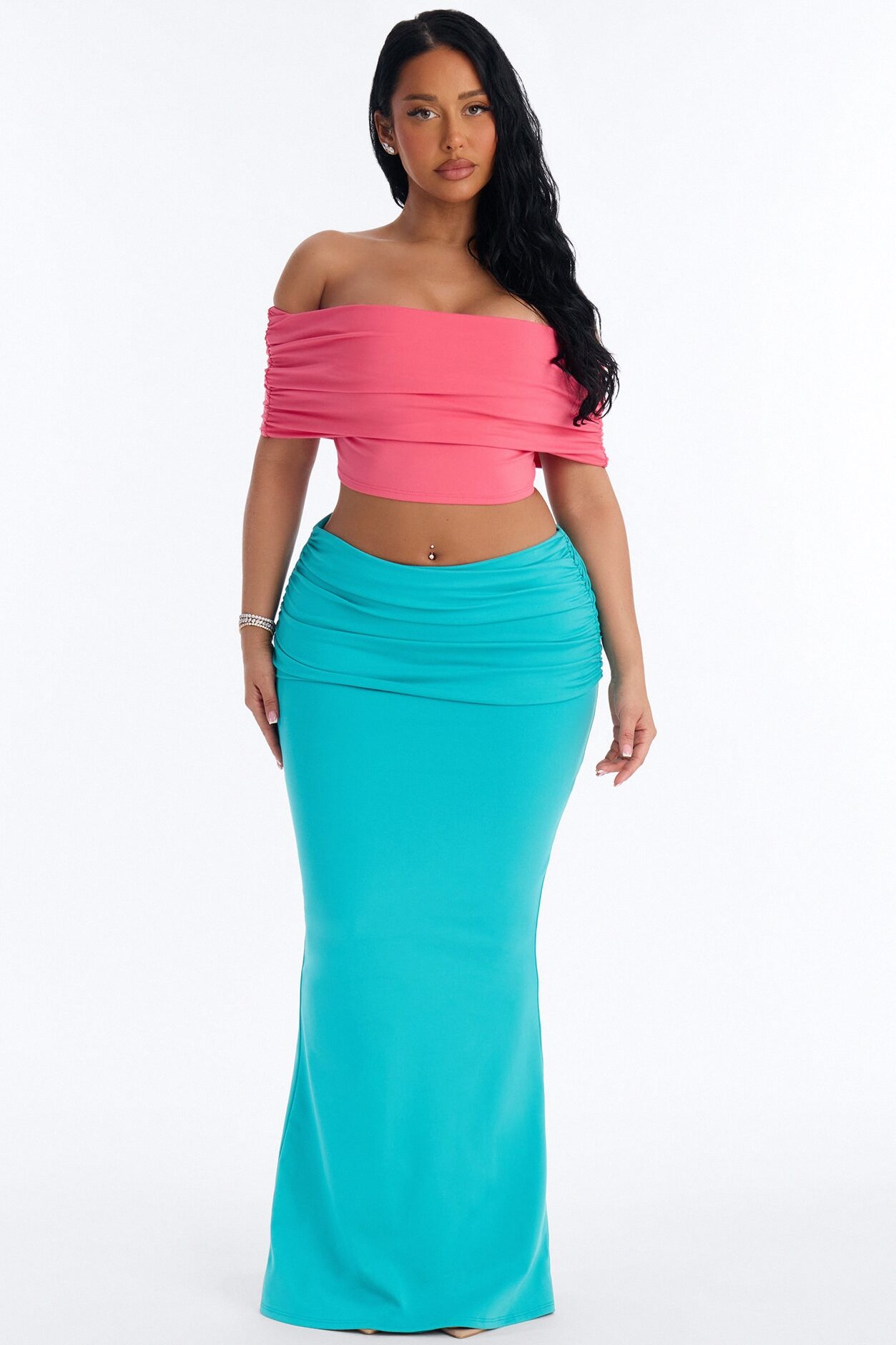 Bianca Matte Form Double Lined Maxi Skirt Set - Aqua/Combo