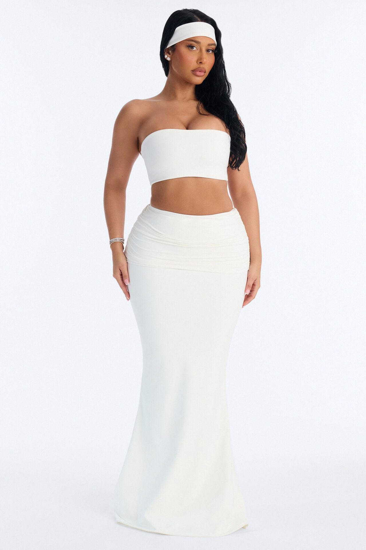 Bianca Matte Form Double Lined Fold Over Maxi Skirt Set - White