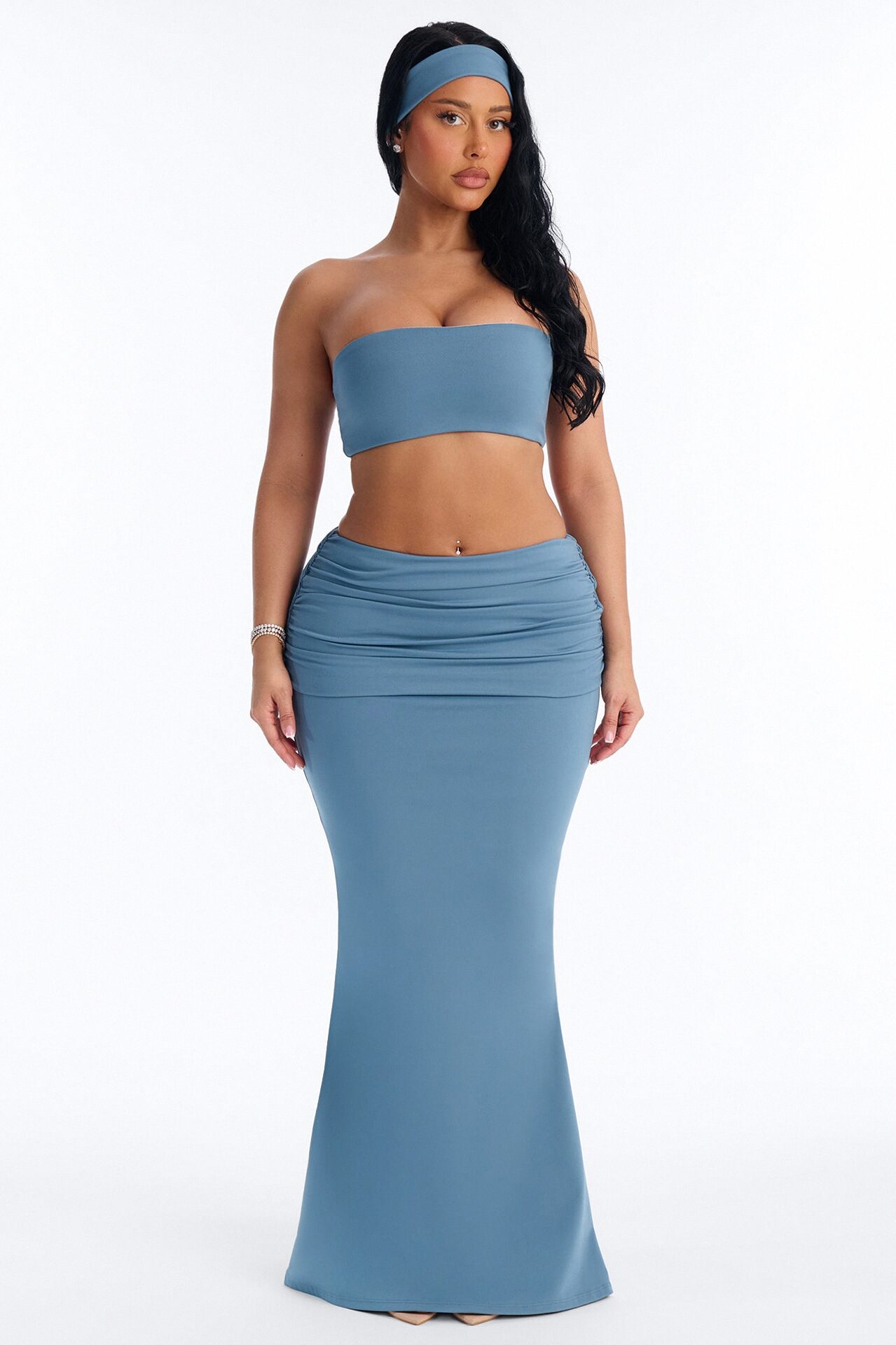 Bianca Matte Form Double Lined Fold Over Maxi Skirt Set - Denim
