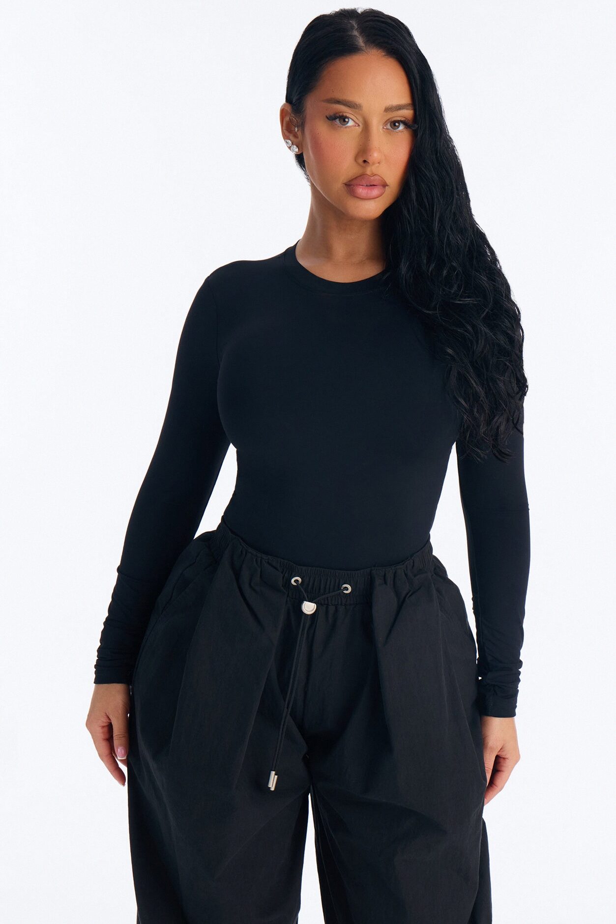 Second Skin Double Lined Crew Neck Long Sleeve Bodysuit - Black