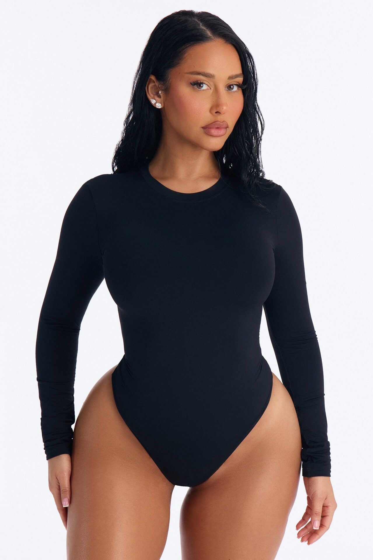 Second Skin Double Lined Crew Neck Long Sleeve Bodysuit - Black