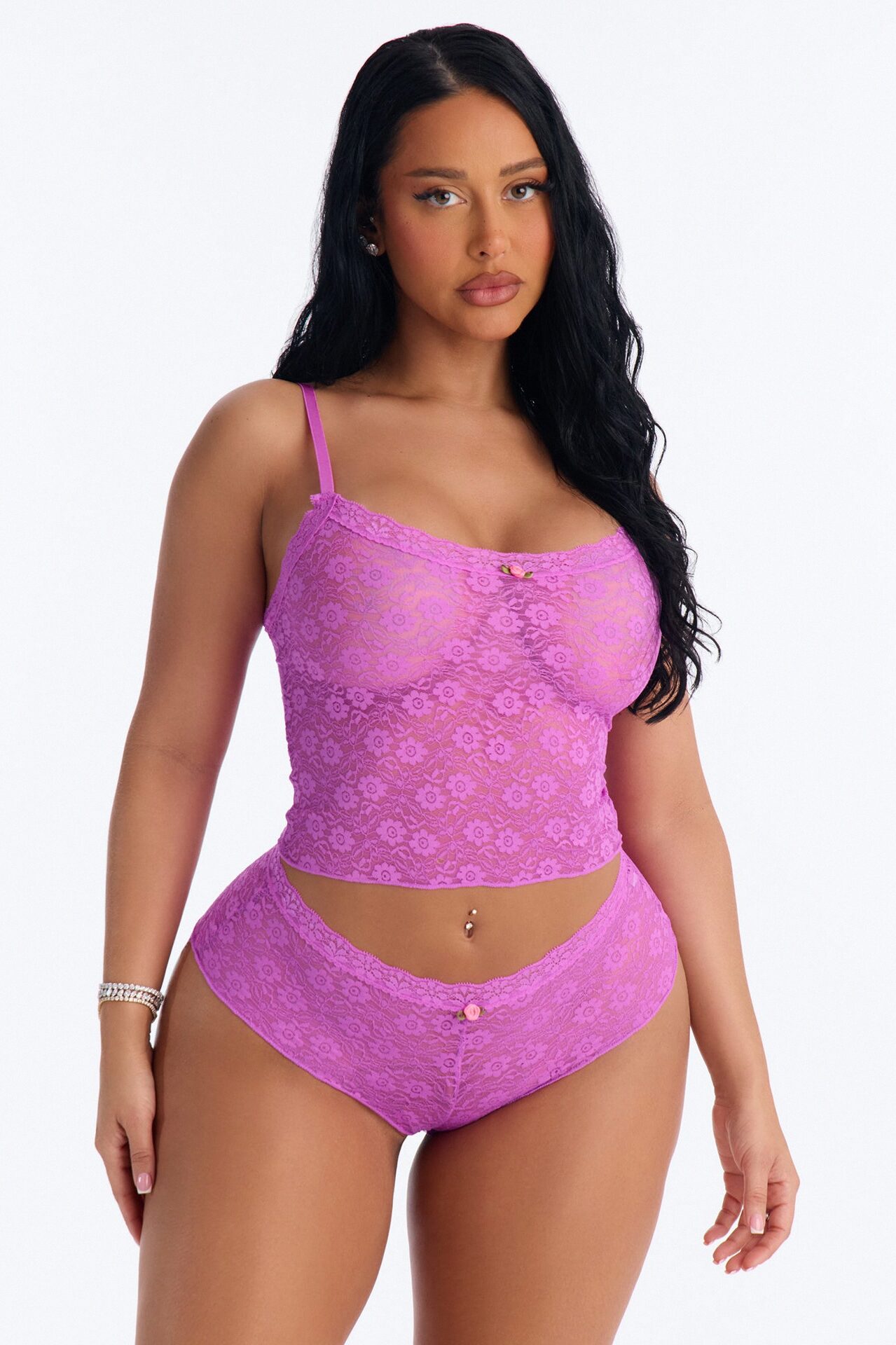 Divine Desire Floral Lace Cami Boyshort 2 Piece Set - Fuchsia