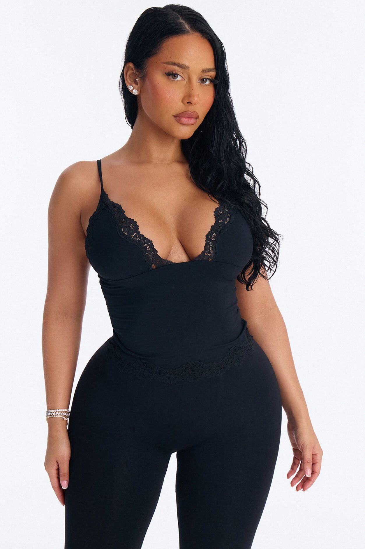 Second Skin Double Lined Lace Trim Cami Top - Black
