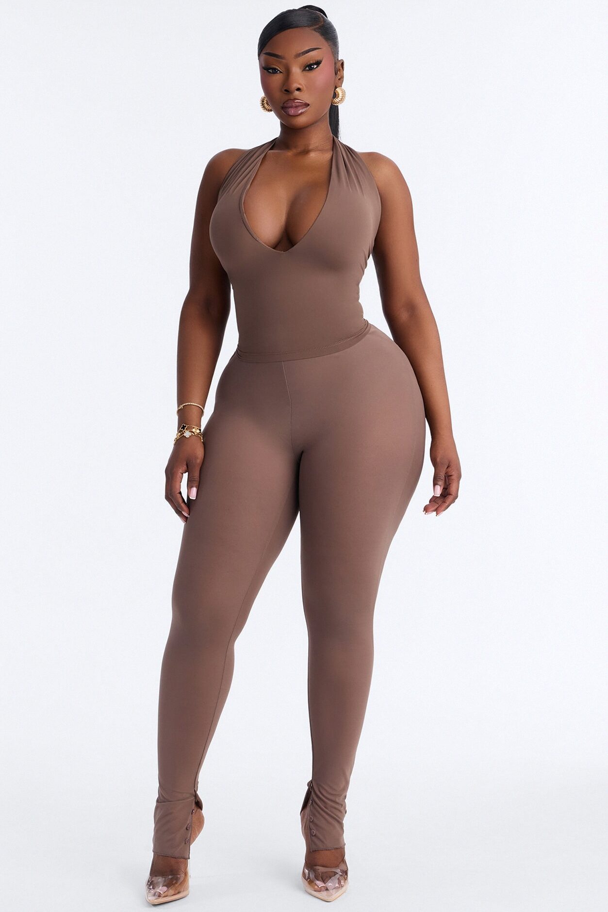 Second Skin Double Lined Deep V-Neck Halter Top - Brown
