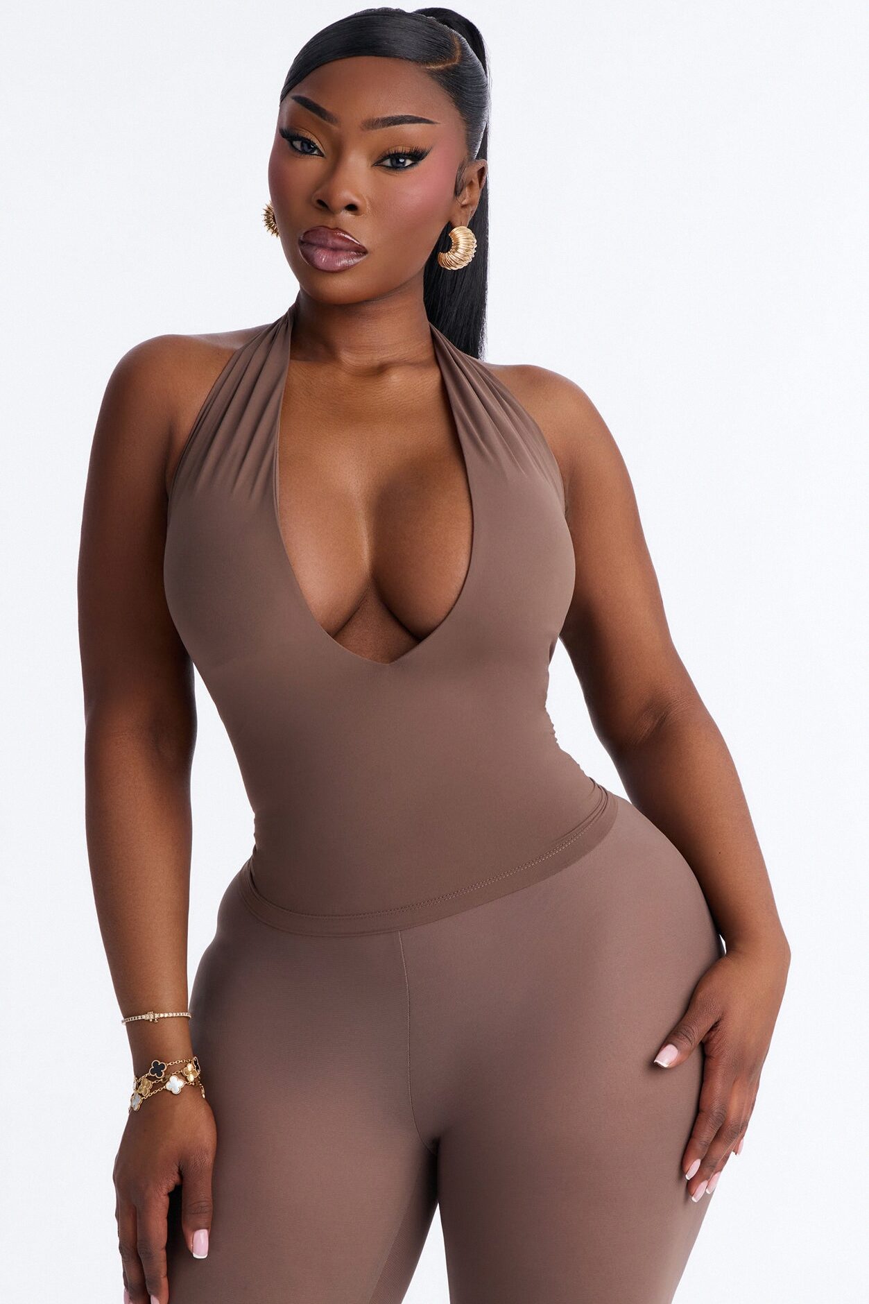 Second Skin Double Lined Deep V-Neck Halter Top - Brown