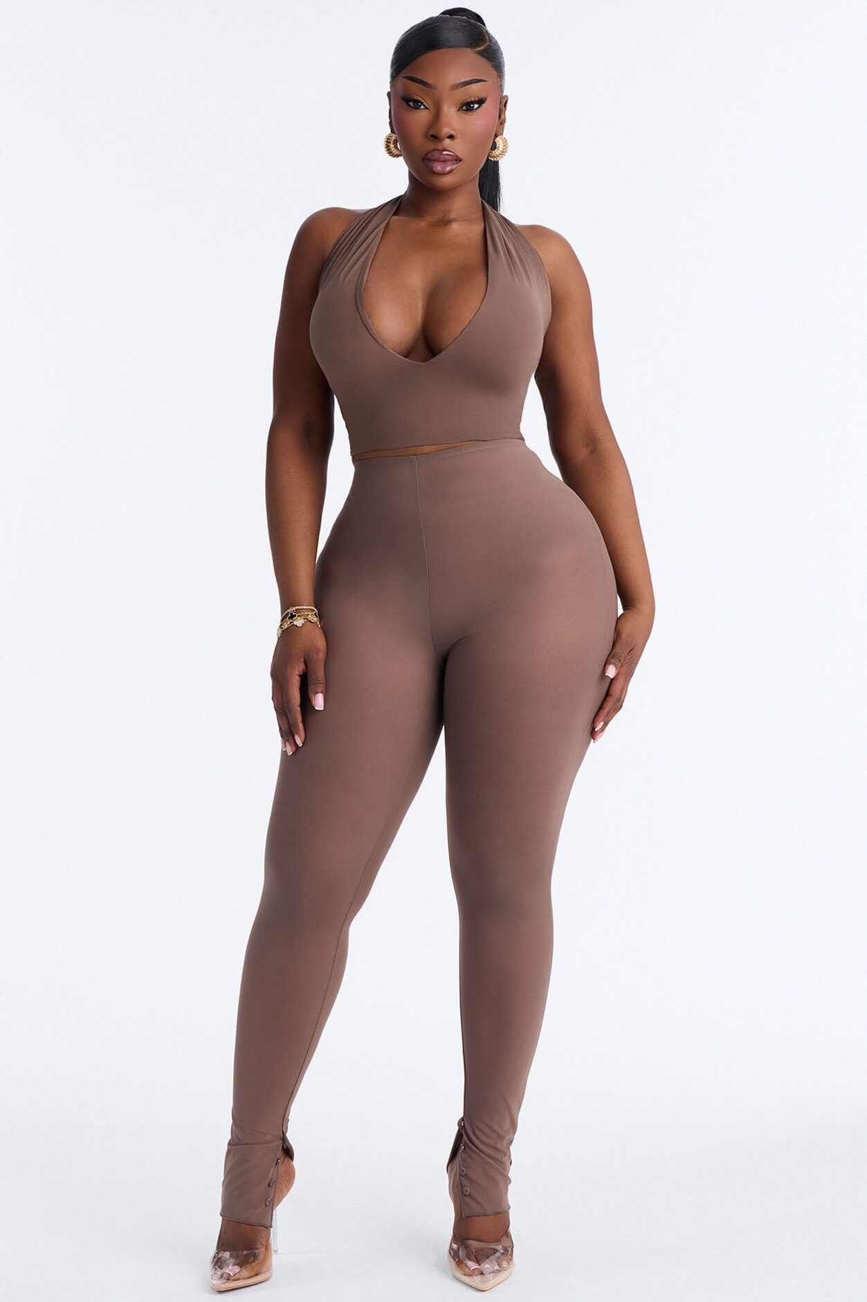 Power Mesh High Waisted Leggings - Brown