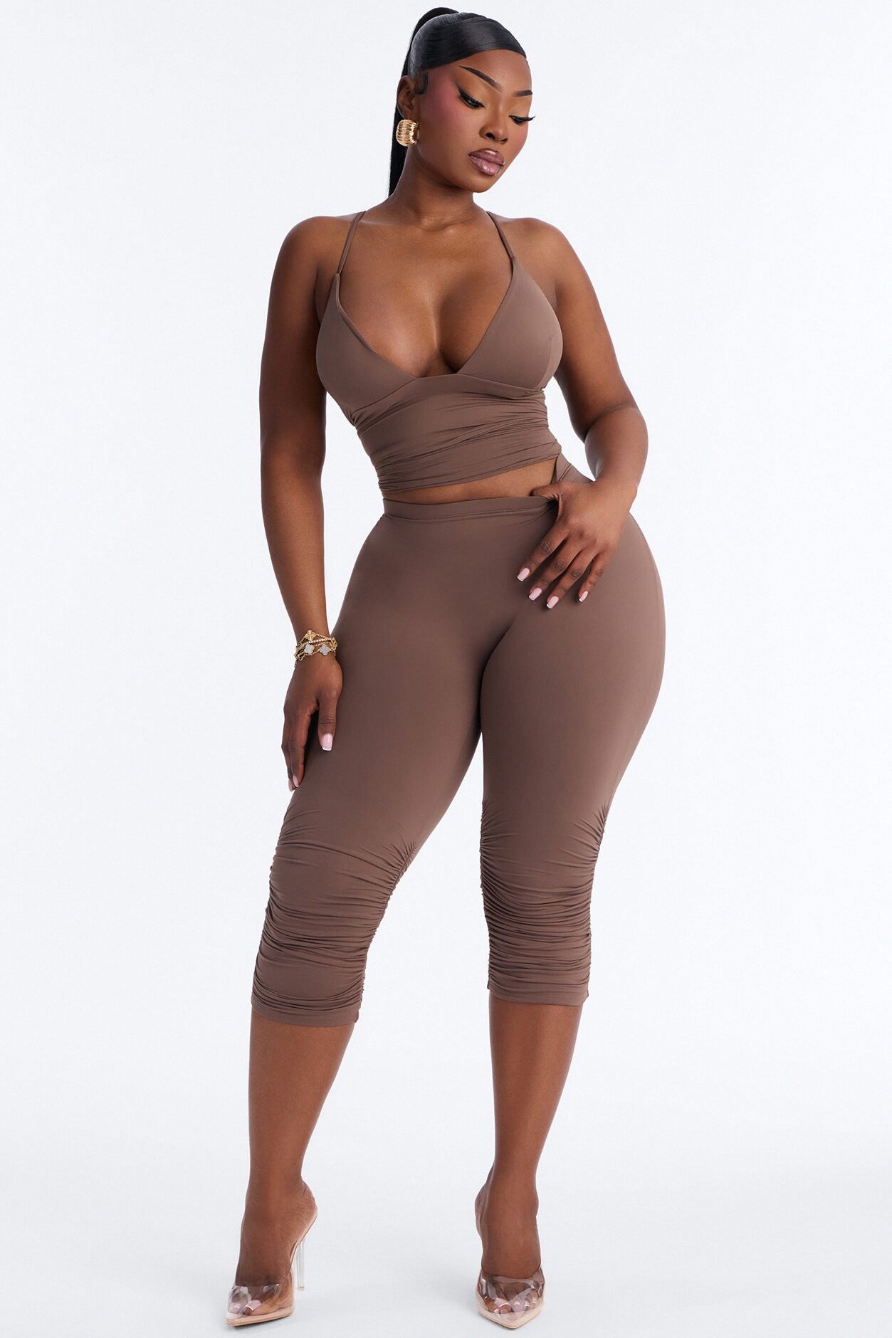 Second Skin Double Lined Ruched Low Rise Capri Legging - Brown