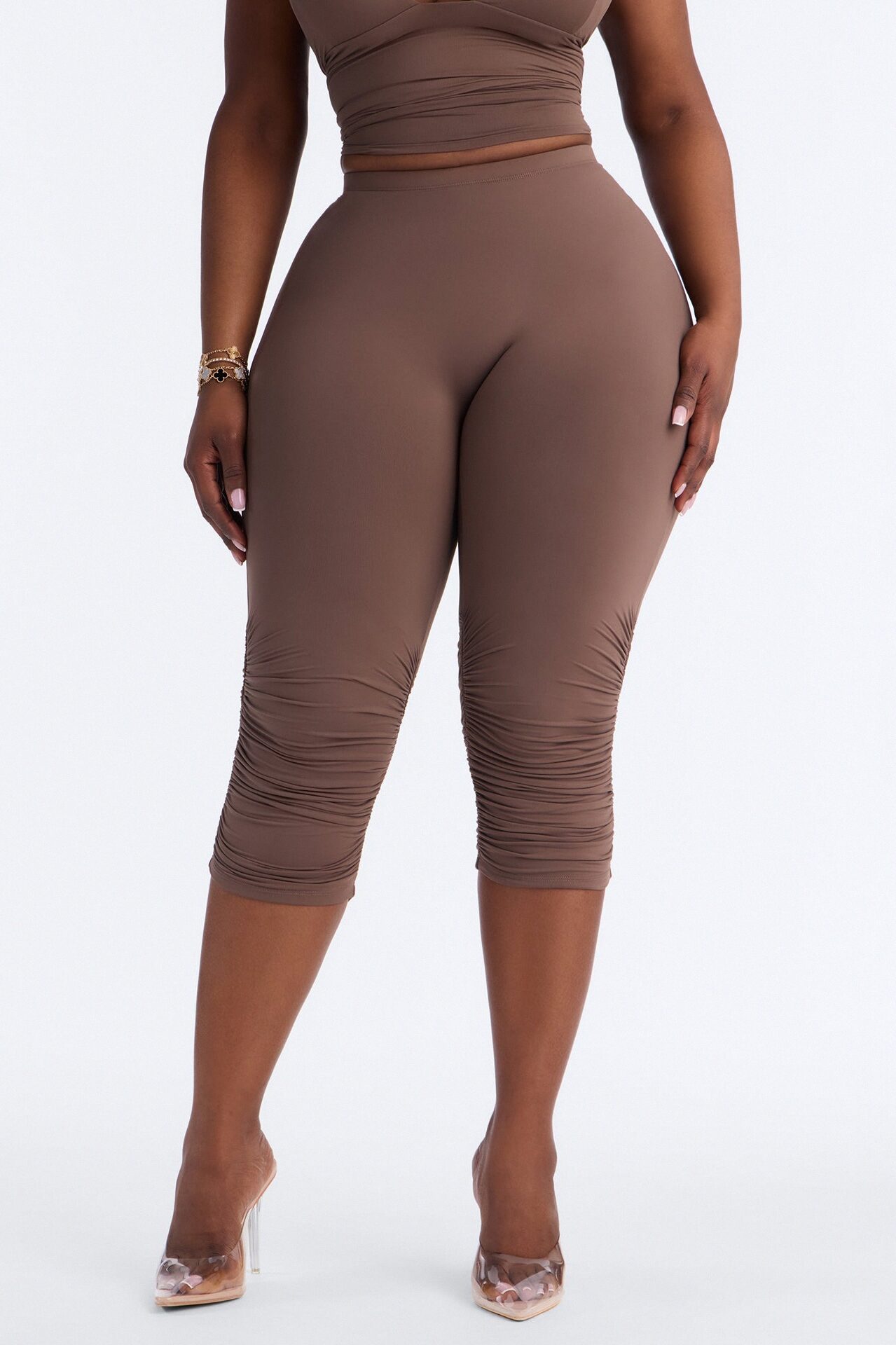 Second Skin Double Lined Ruched Low Rise Capri Legging - Brown