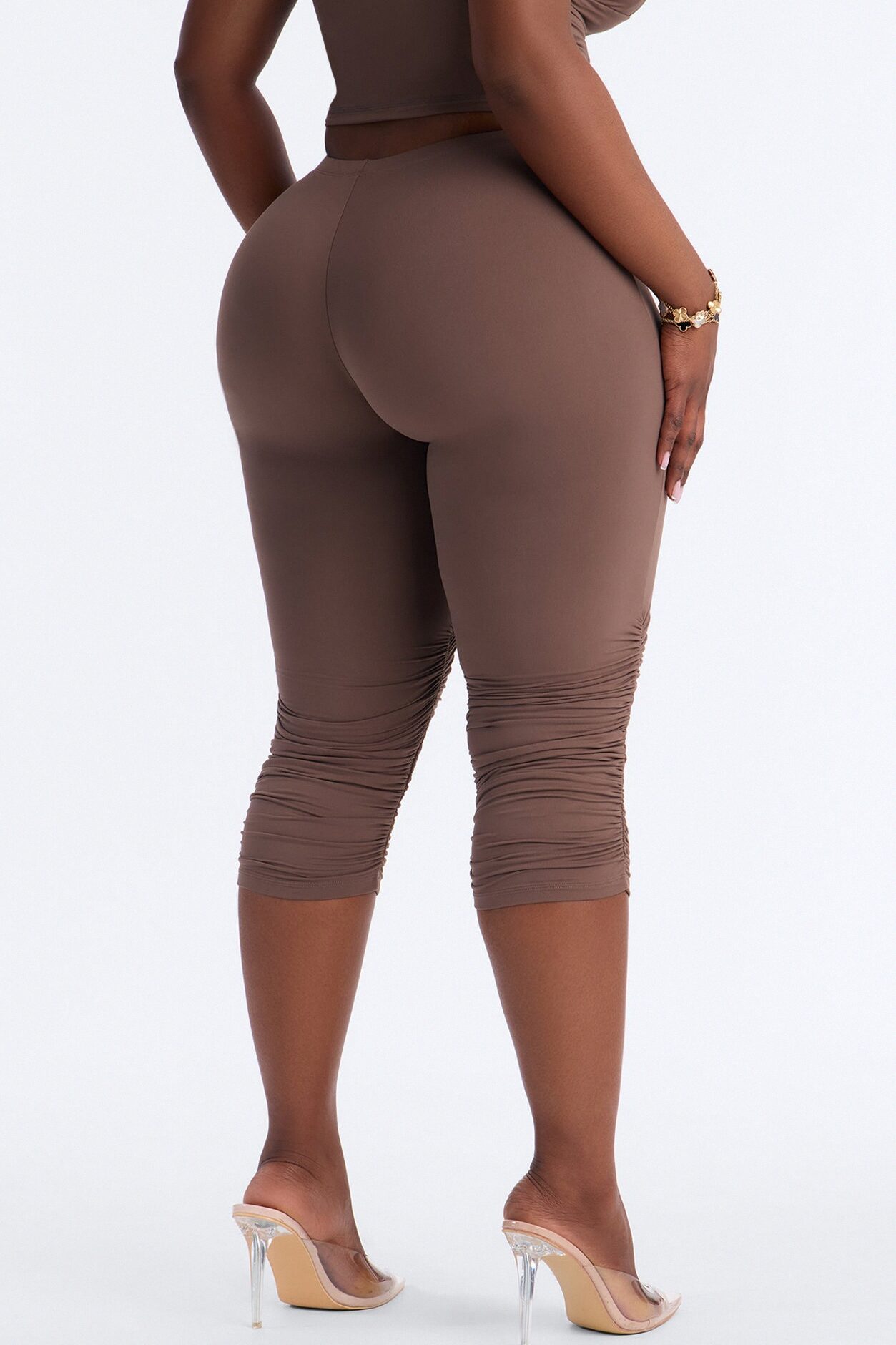Second Skin Double Lined Ruched Low Rise Capri Legging - Brown