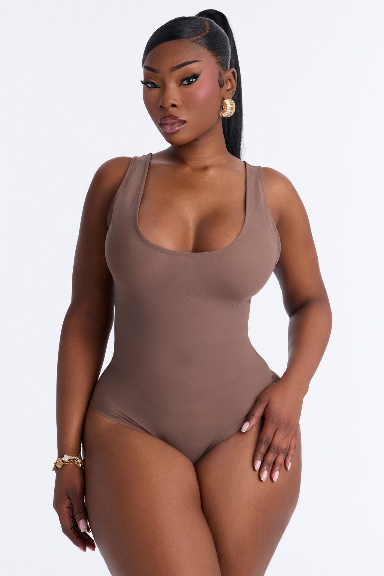 Power Mesh Deep U Neck Sleeveless Bodysuit - Brown