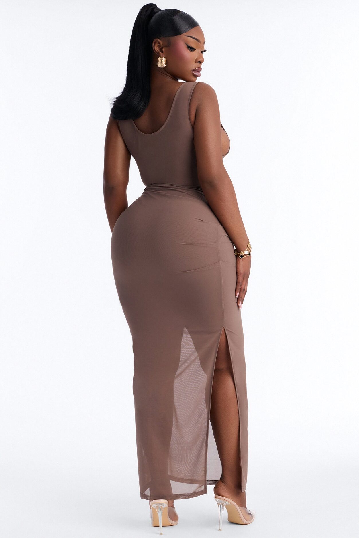 Power Mesh Ruched Maxi Skirt - Brown
