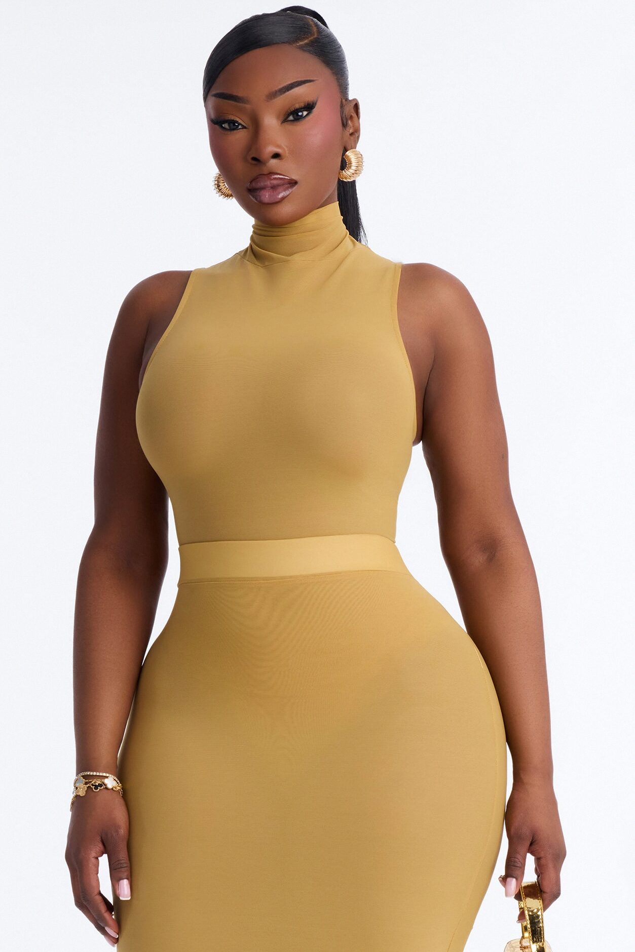 Power Mesh Turtle Neck Sleeveless Bodysuit - Honey