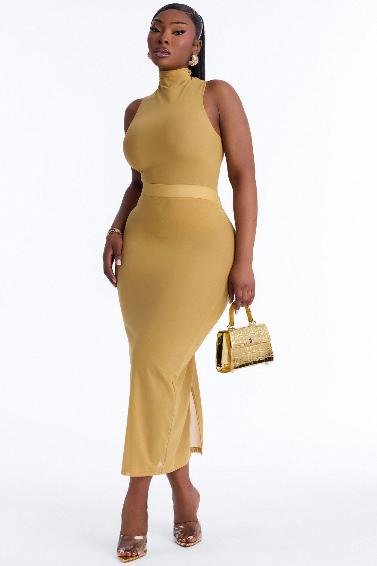 Power Mesh Midi Pencil Skirt - Honey
