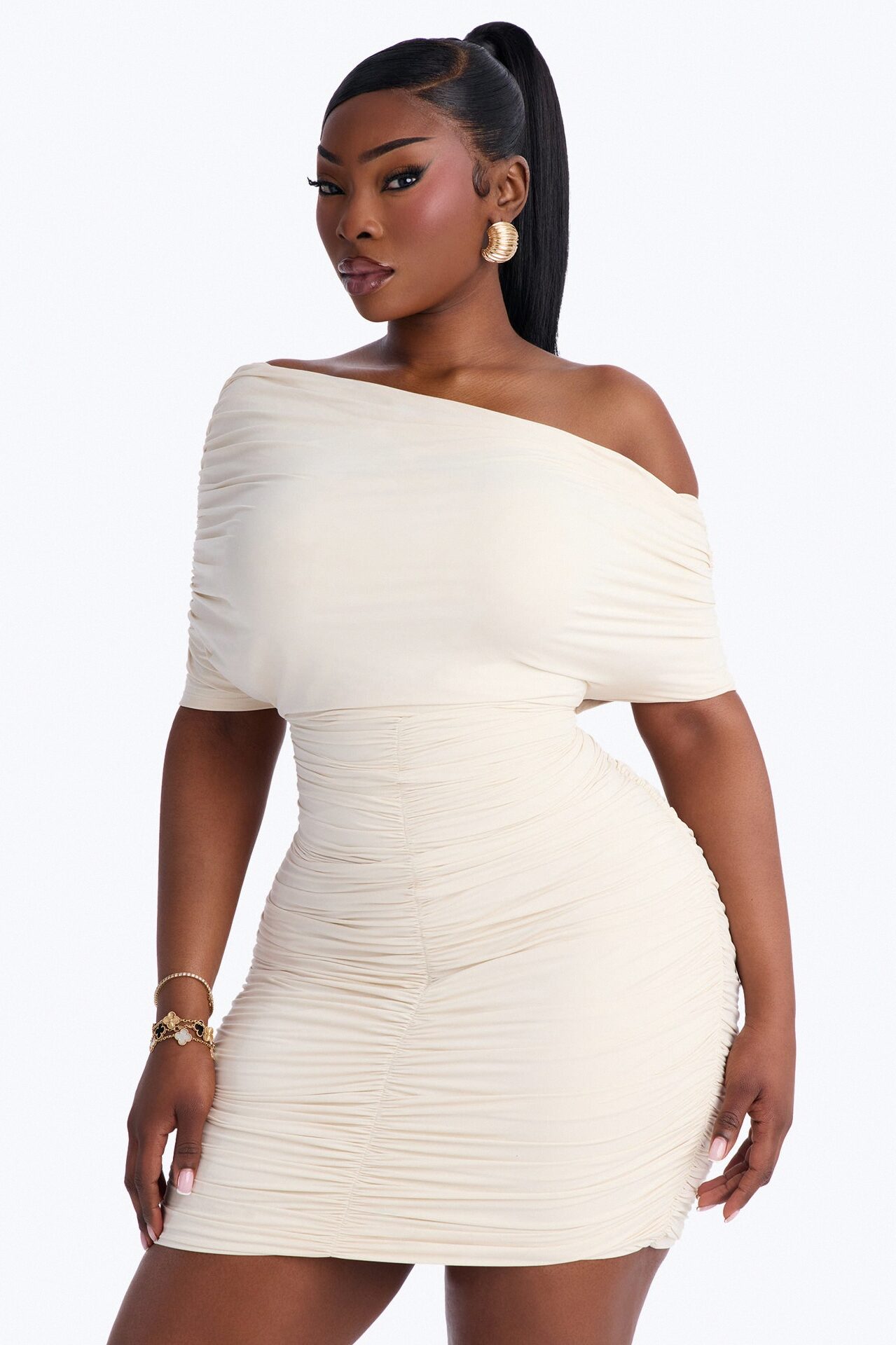 Second Skin Double Lined Off Shoulder Ruched Mini Dress - Bone