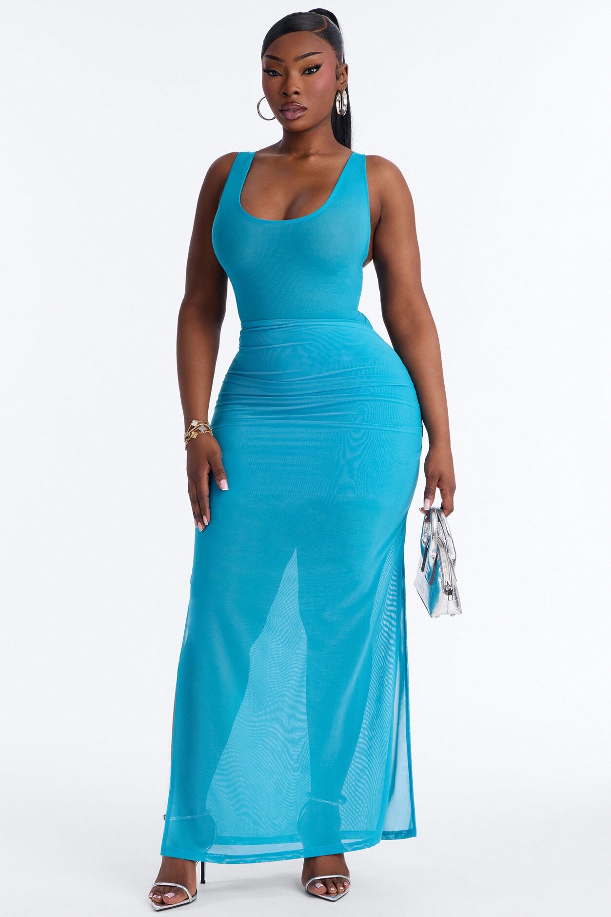 Power Mesh Deep U Neck Sleeveless Bodysuit - Blue