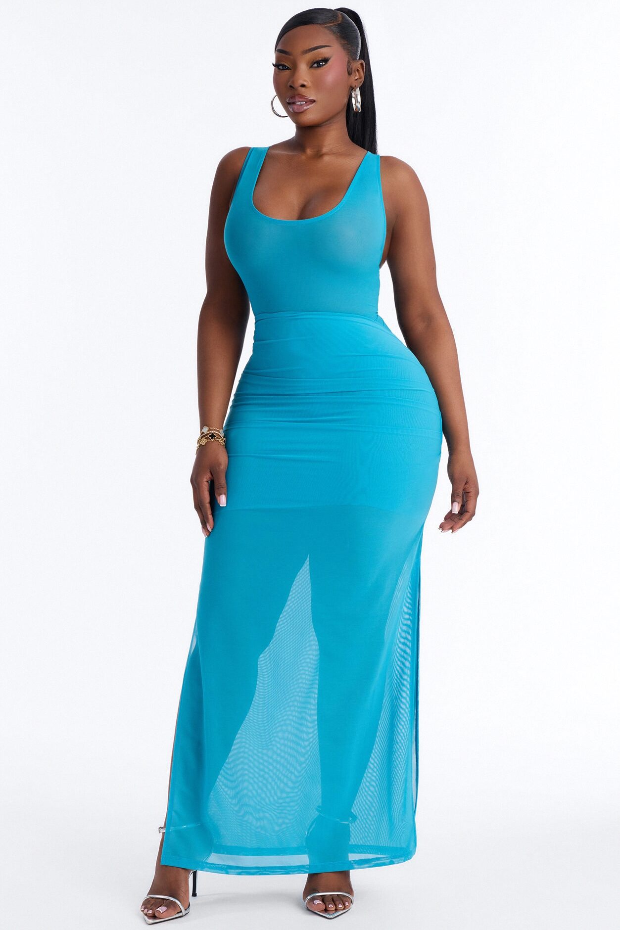 Power Mesh Ruched Maxi Skirt - Blue