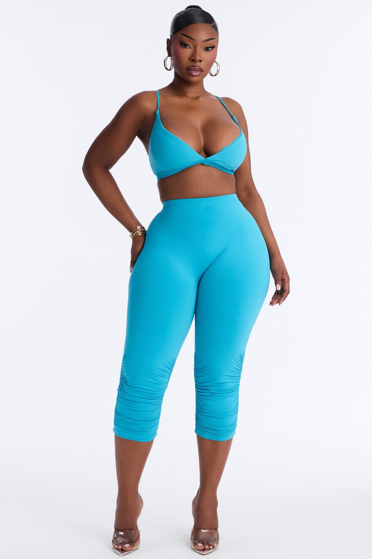 Second Skin Double Lined Ruched Low Rise Capri Legging - Blue
