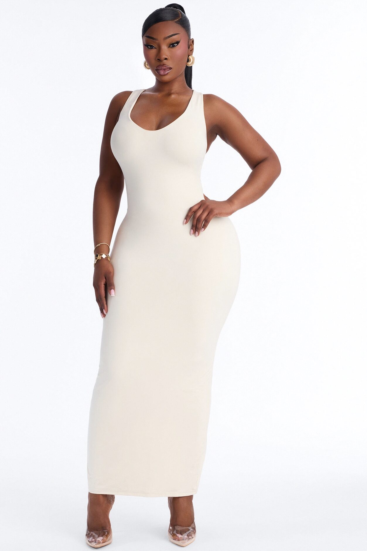 Second Skin Double Lined U Neck Racerback Maxi Dress - Bone