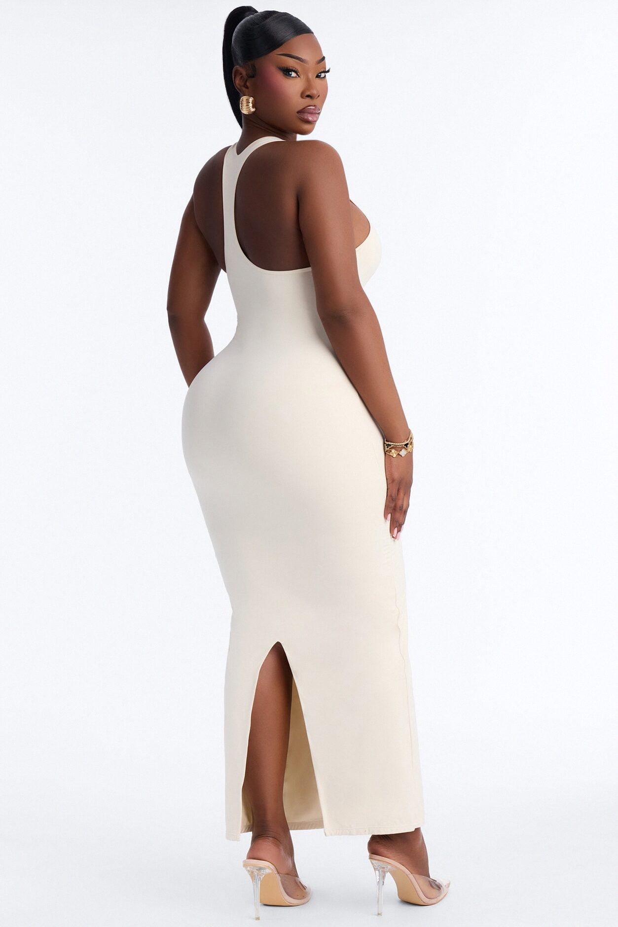 Second Skin Double Lined U Neck Racerback Maxi Dress - Bone