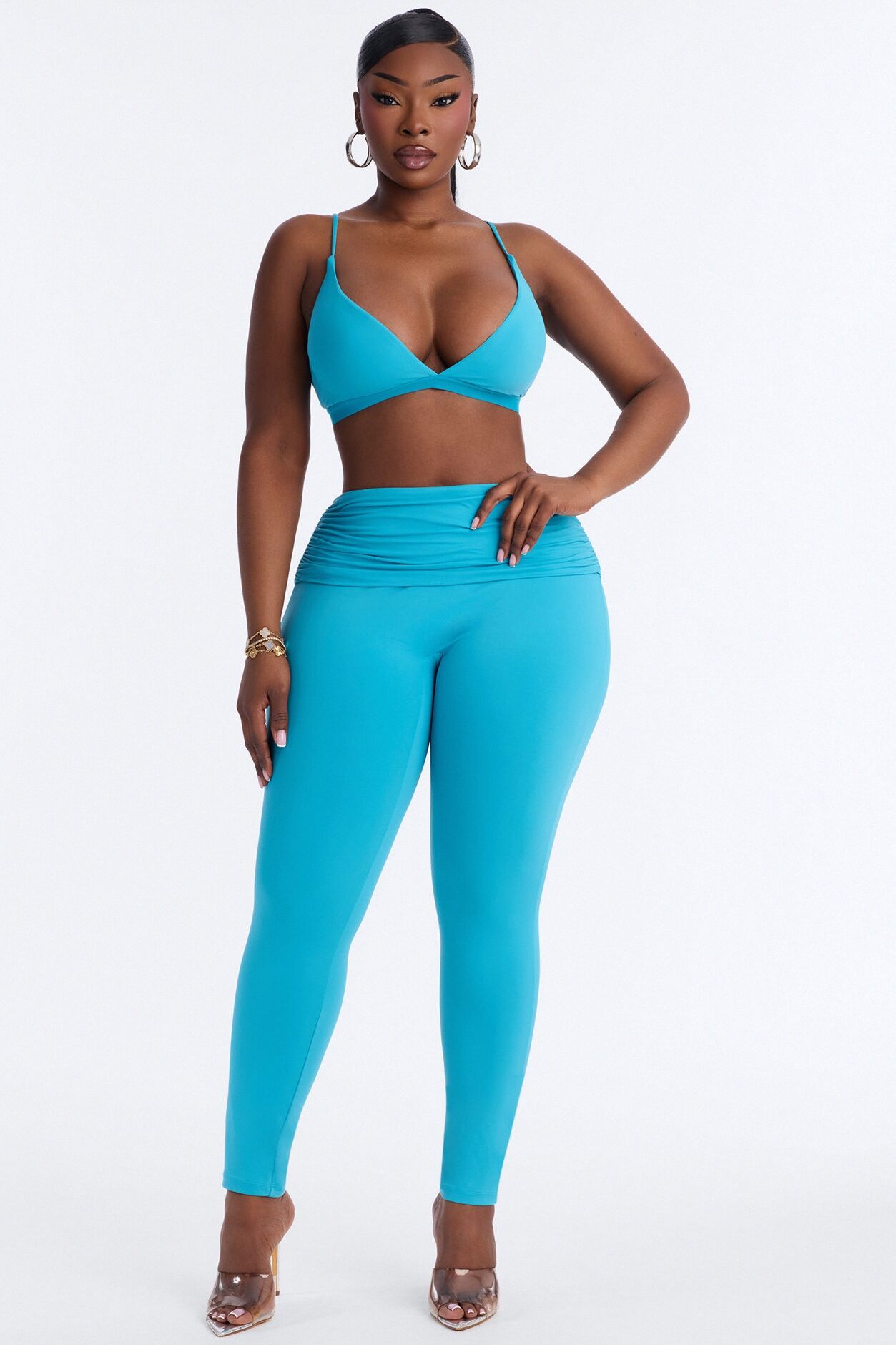 Second Skin Double Lined Ruched Foldover Leggings - Blue