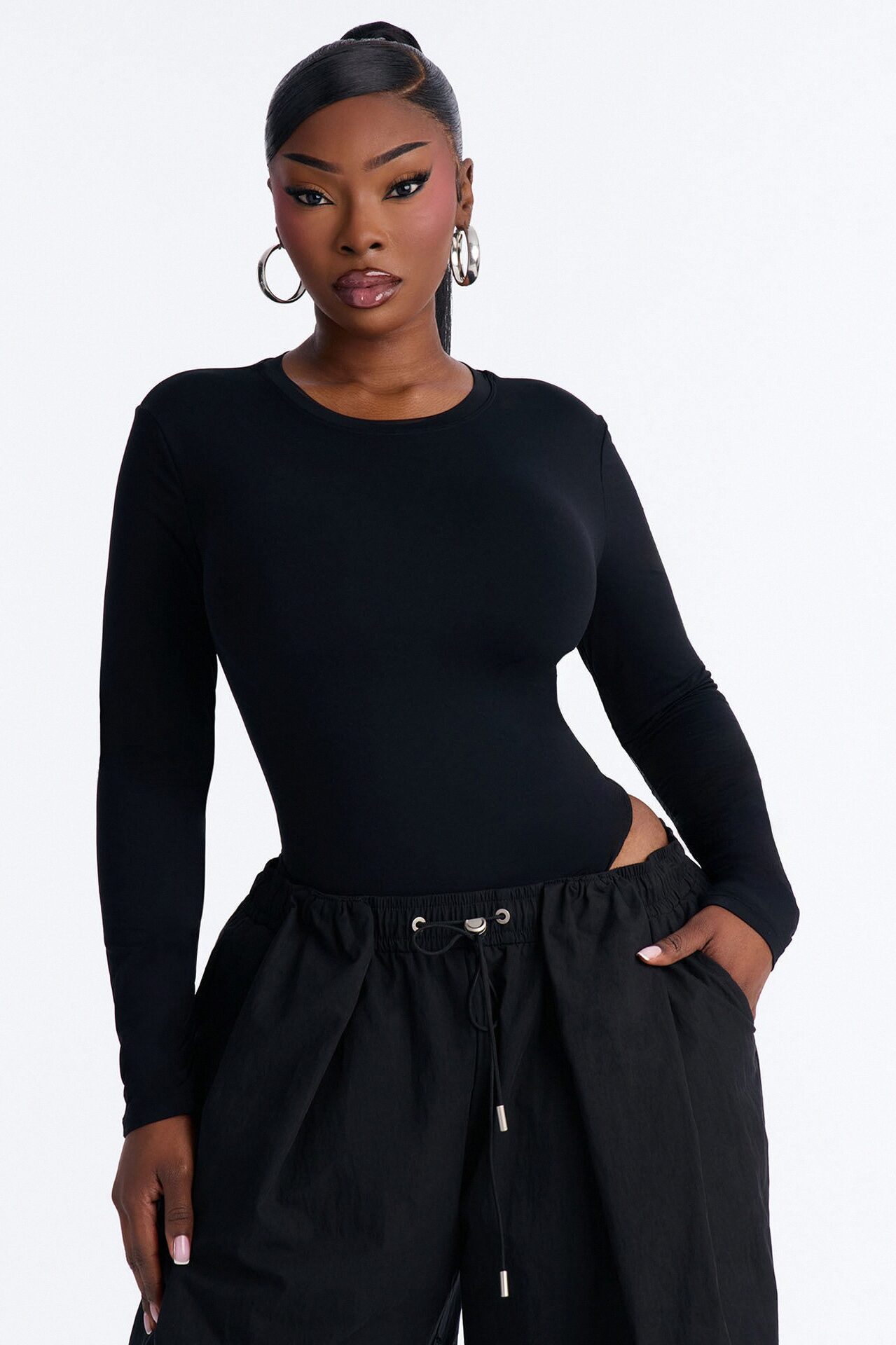 Second Skin Double Lined Crew Neck Long Sleeve Bodysuit - Black