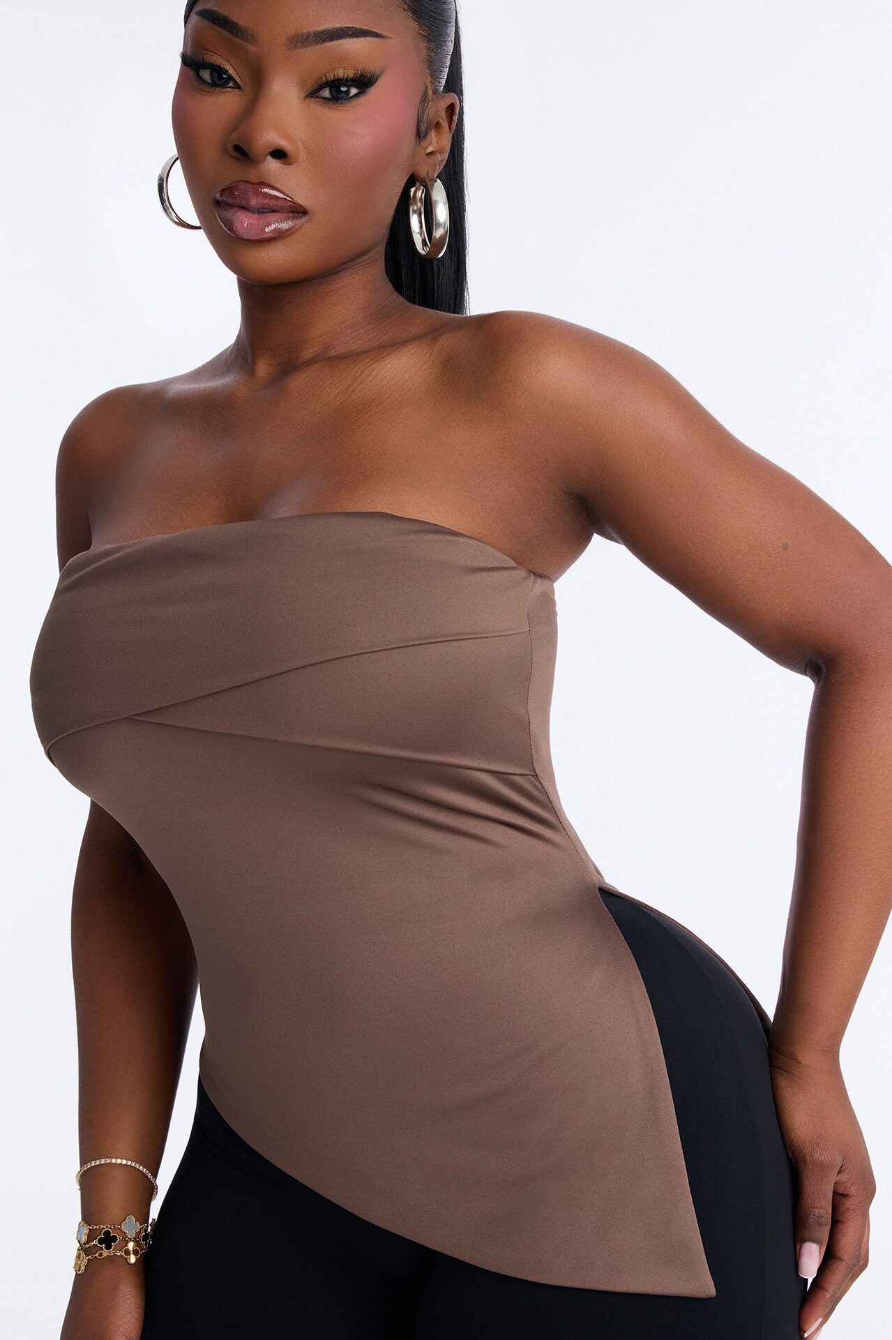 Contour Double Lined Asymmetrical Split Tube Top - Brown