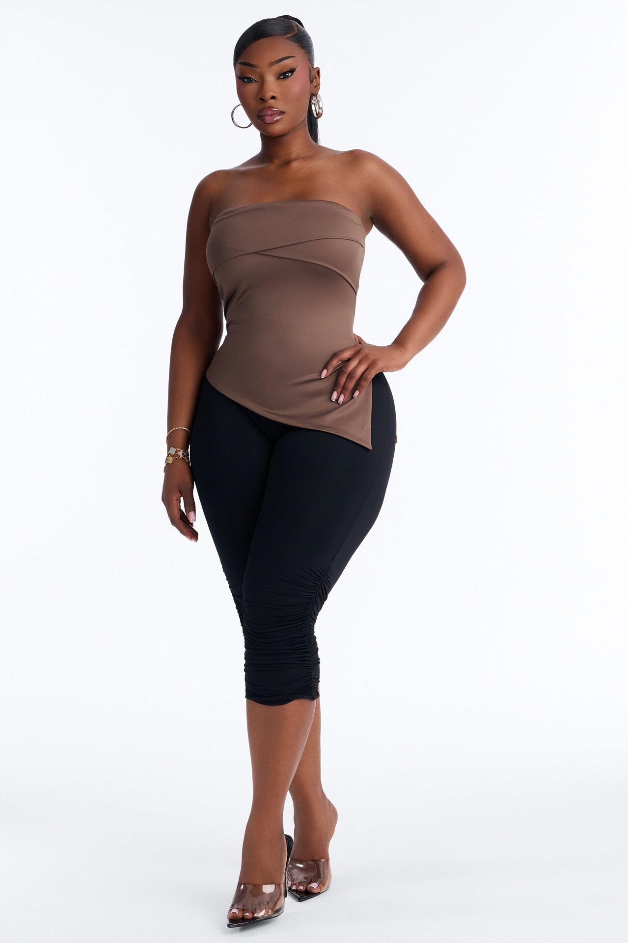 Contour Double Lined Asymmetrical Split Tube Top - Brown